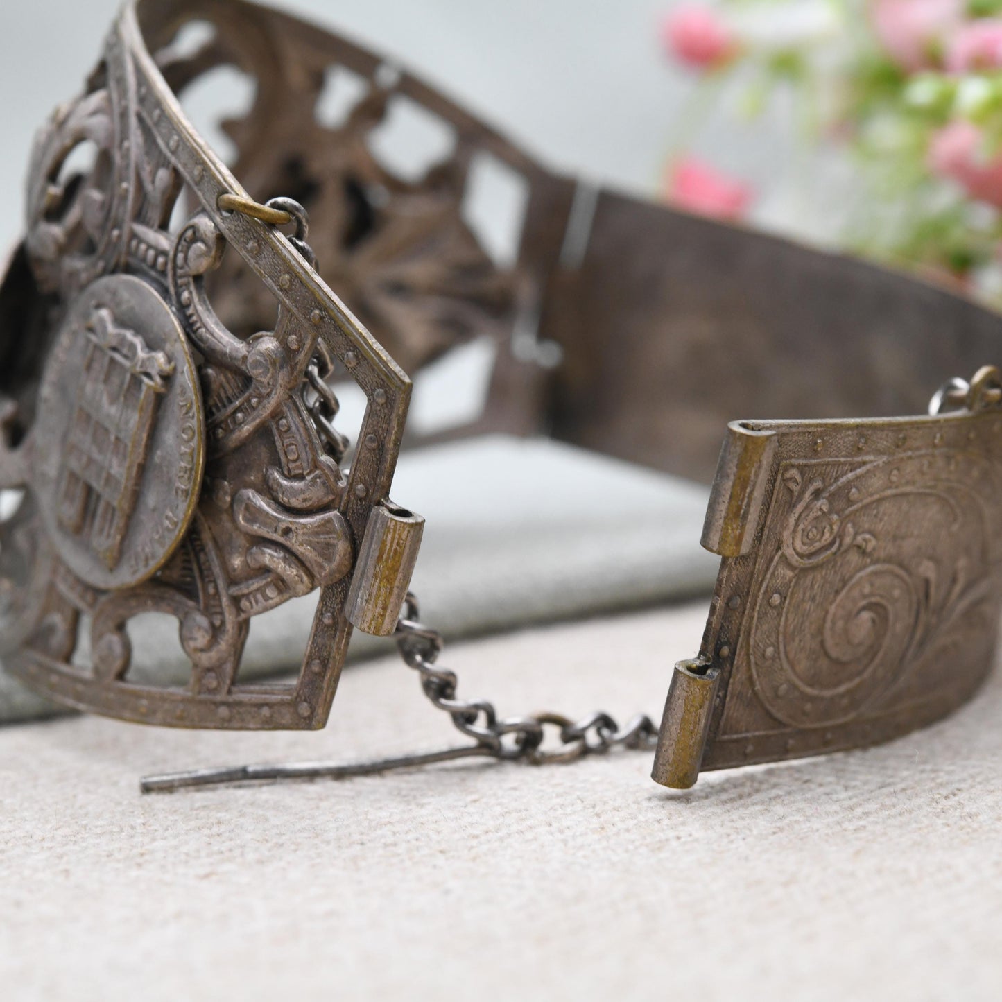 Vintage French Paris Souvenir Bangle Bracelet with Pin Fastening c. 1950s - Souvenir de Paris Notre Dame Montmartre