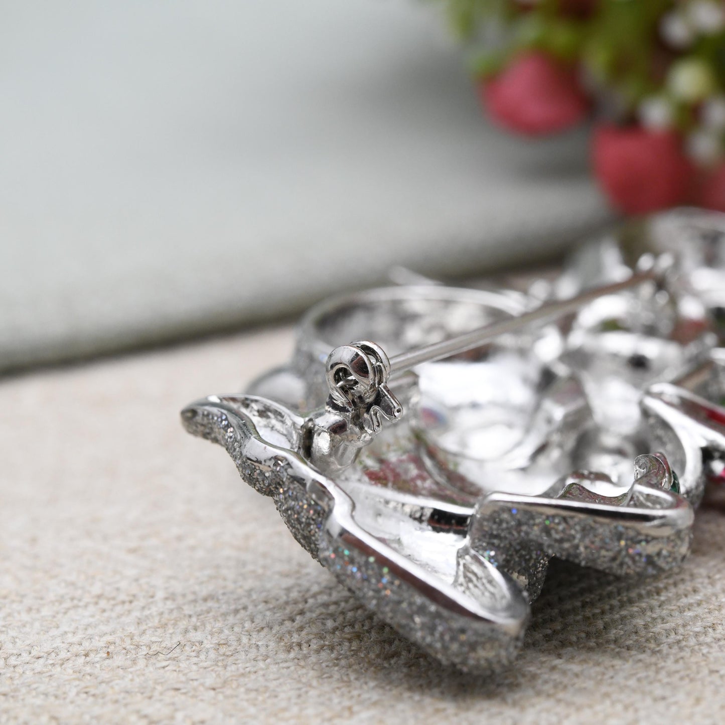 Vintage Butler & Wilson Kitten Holding Flowers Brooch - Statement Silver Cat with a Bouquet Glitter and Enamel Jewellery