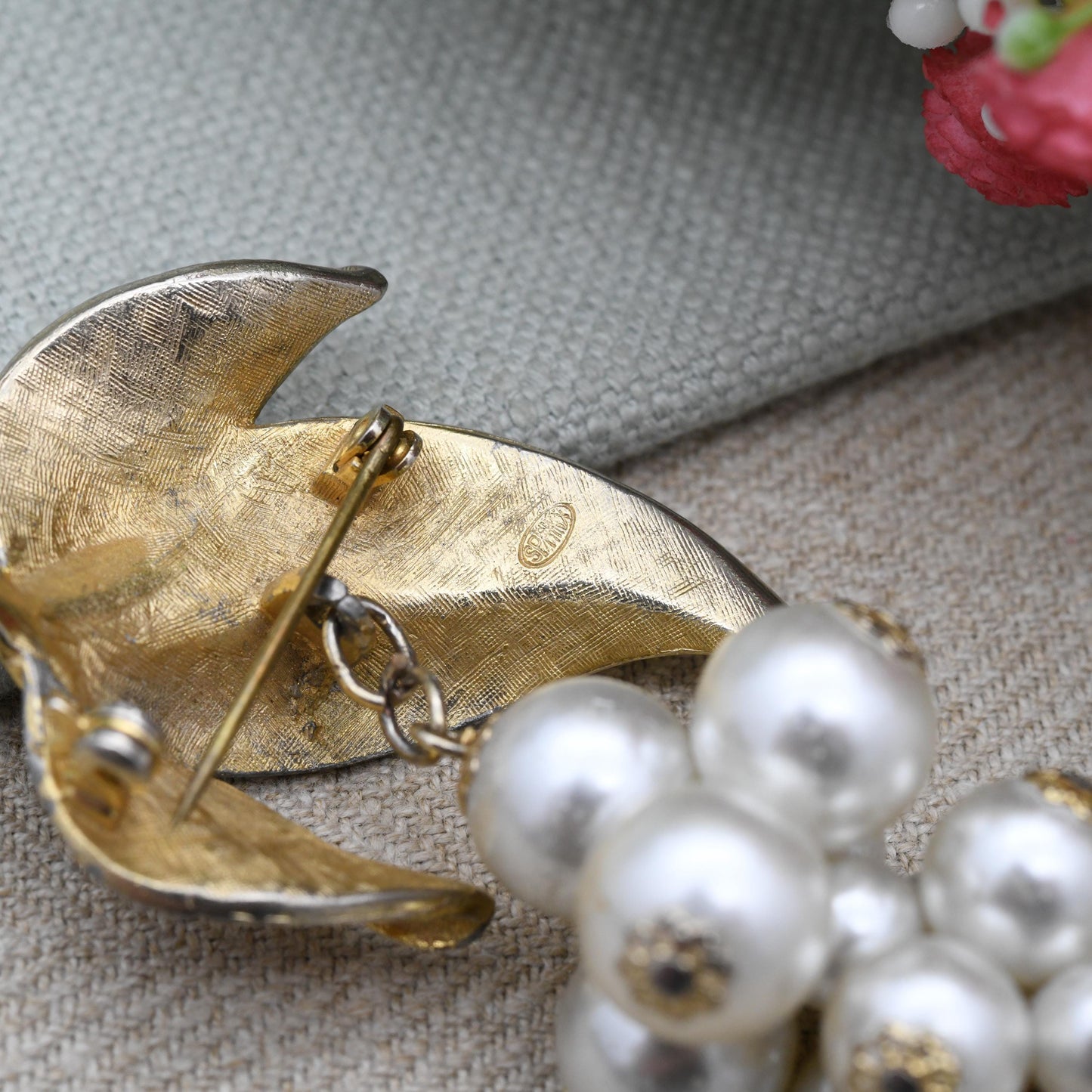 Vintage Sphinx Bunch of Grapes Brooch with Faux Pearls and Gold Tone Leaves c. 1960s