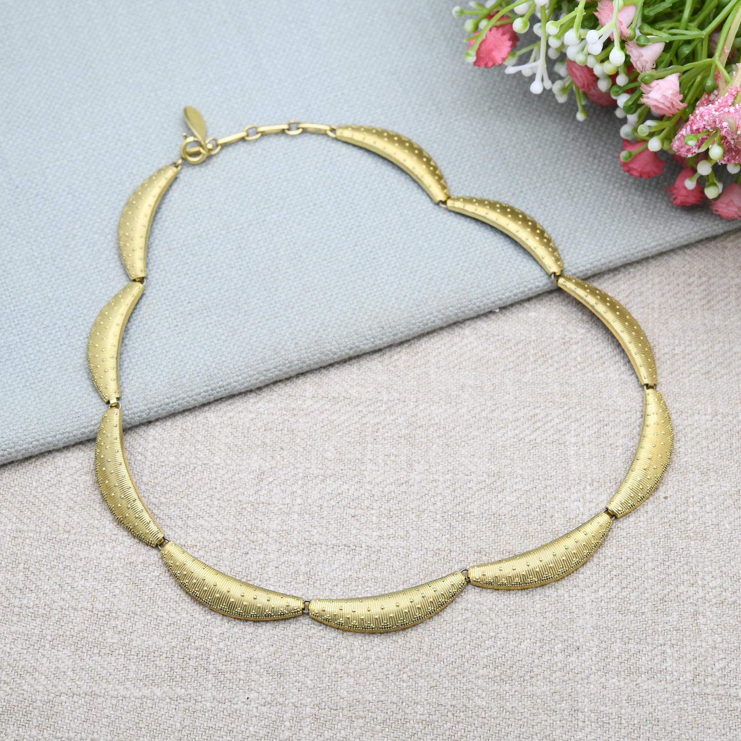 Vintage Americ Rolled Gold Panel Necklace by Kollmar & Jourdan KJ - Mid-Century Textured Jewellery by German Designer