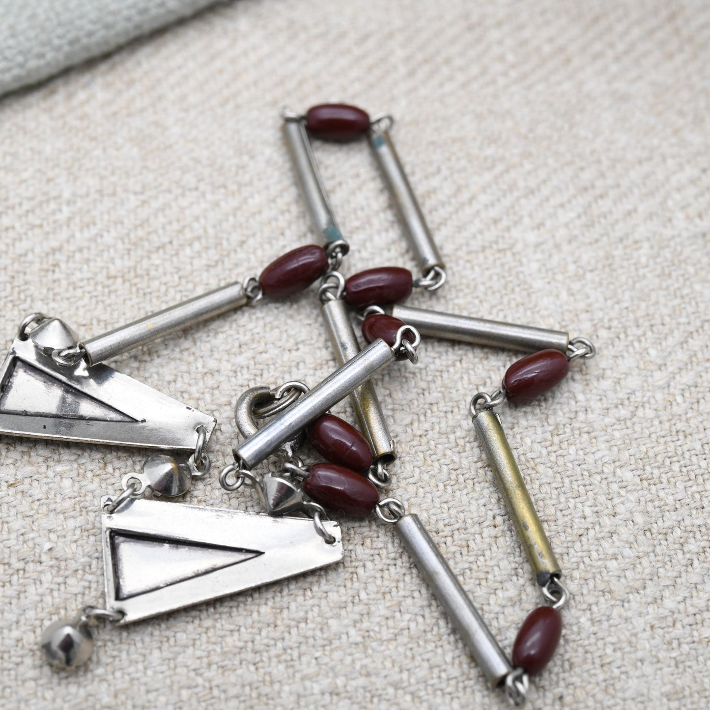 Vintage Art Deco Geometric Necklace Made in Czechoslovakia c. 1930s - Chrome Plated with Glass Beads