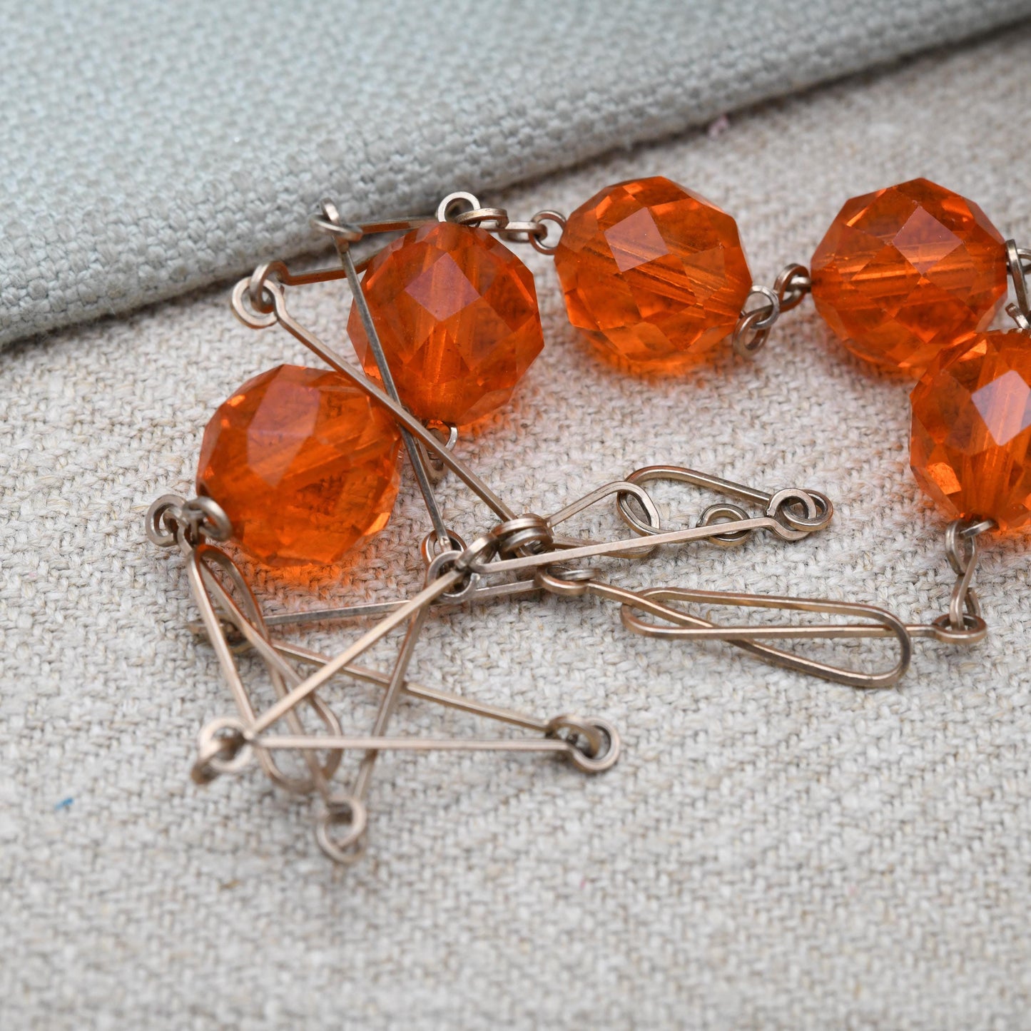 Vintage Rolled Gold Necklace with Faceted Orange Glass Stones c. 1930s