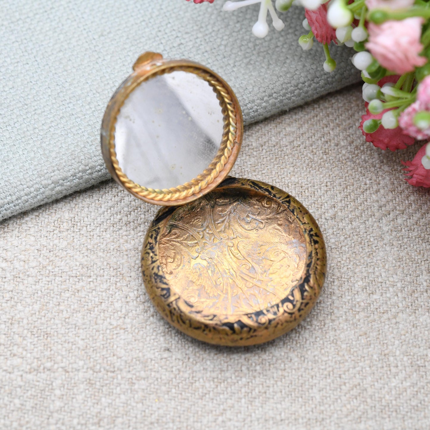 Antique Compact Locket Pendant Fob with Mirror Inside - Opening Powder Box Keepsake Necklace | Chinoiserie Dragon Design