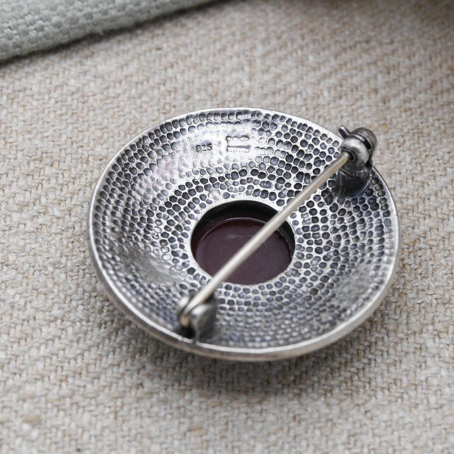 Vintage European Sterling Silver Intricate Circular Bar Brooch with Carnelian - Red Gemstone | Gift for Her