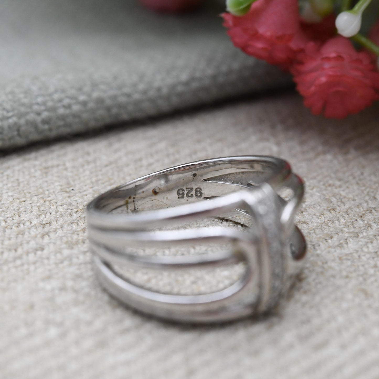 Vintage Sterling Silver Clear Stone Openwork Ring - Chunky Minimalist Pavé White Stone | UK Size - O 1/2 | US Size - 7 1/4