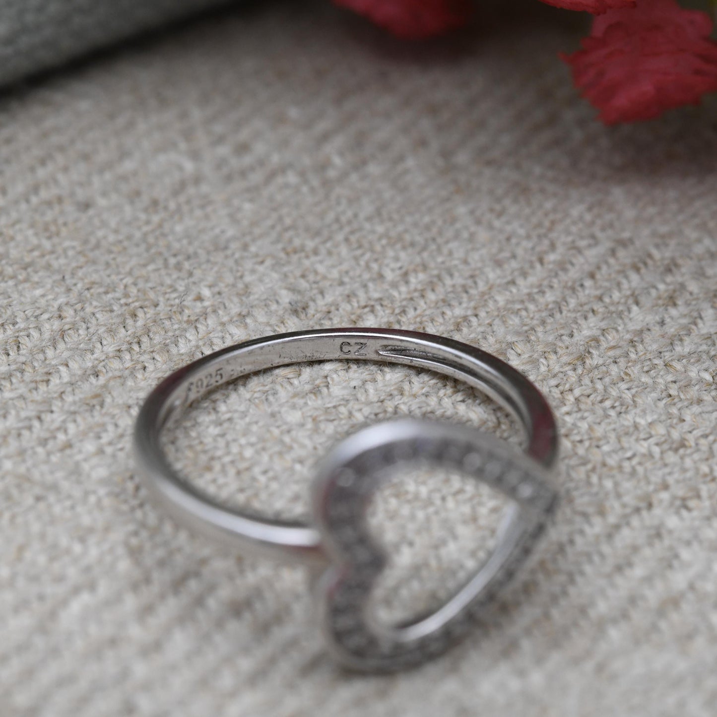 Vintage Sterling Silver and CZ Heart Ring - Sparkly Clear Stone | Openwork Love Heart | Gift for Her | UK Size - S | US Size - 9 1/4