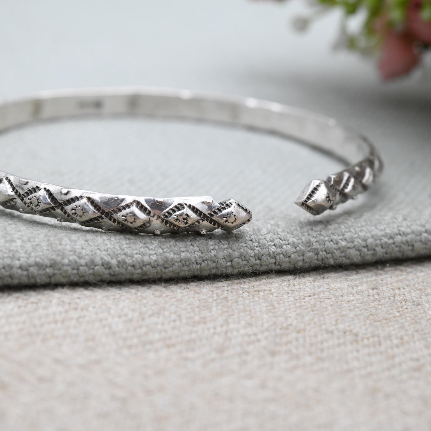 Vintage Sterling Silver Textured Torque Bangle Bracelet - Geometric Diamond Raised Relief Design | Gift for Her