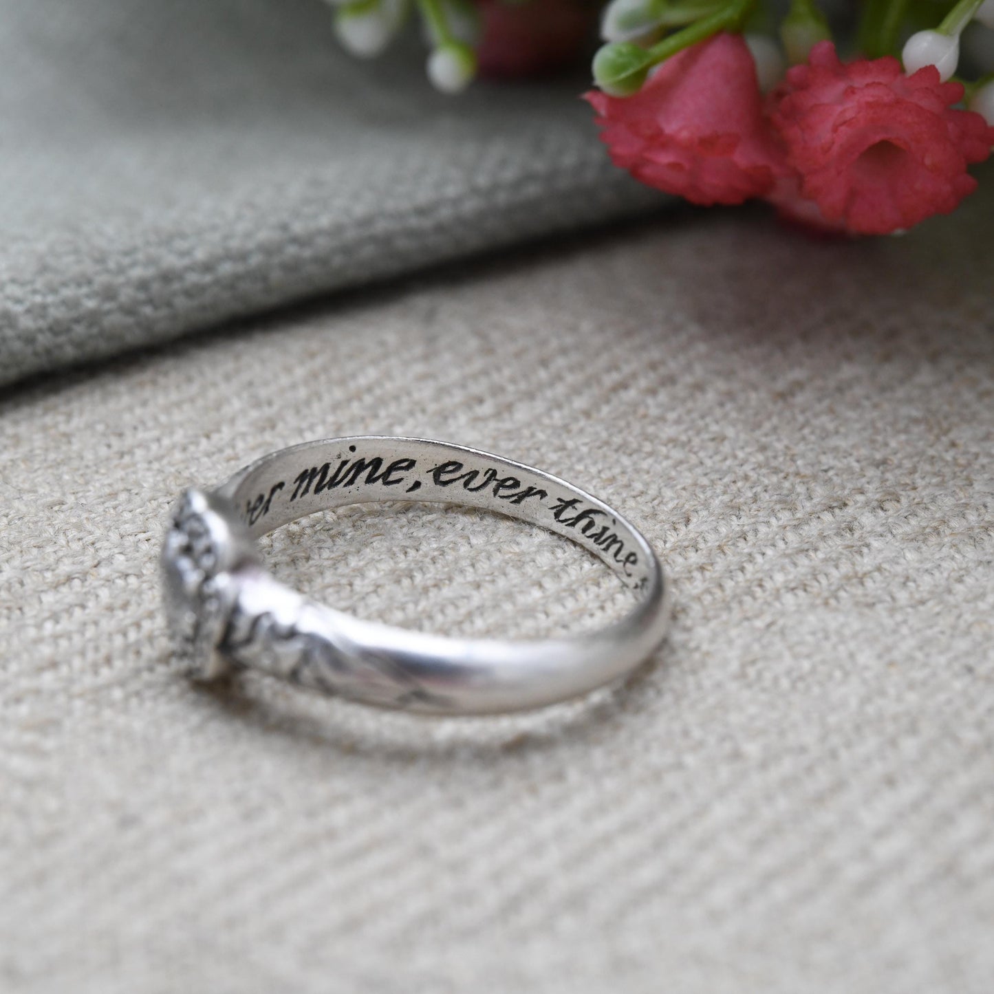 Sterling Silver Posy Ring - Ever Mine, Ever Thine, Ever For Each Other | Hidden Secret Message Band | Size UK - R 1/2 | US - 9 1/4