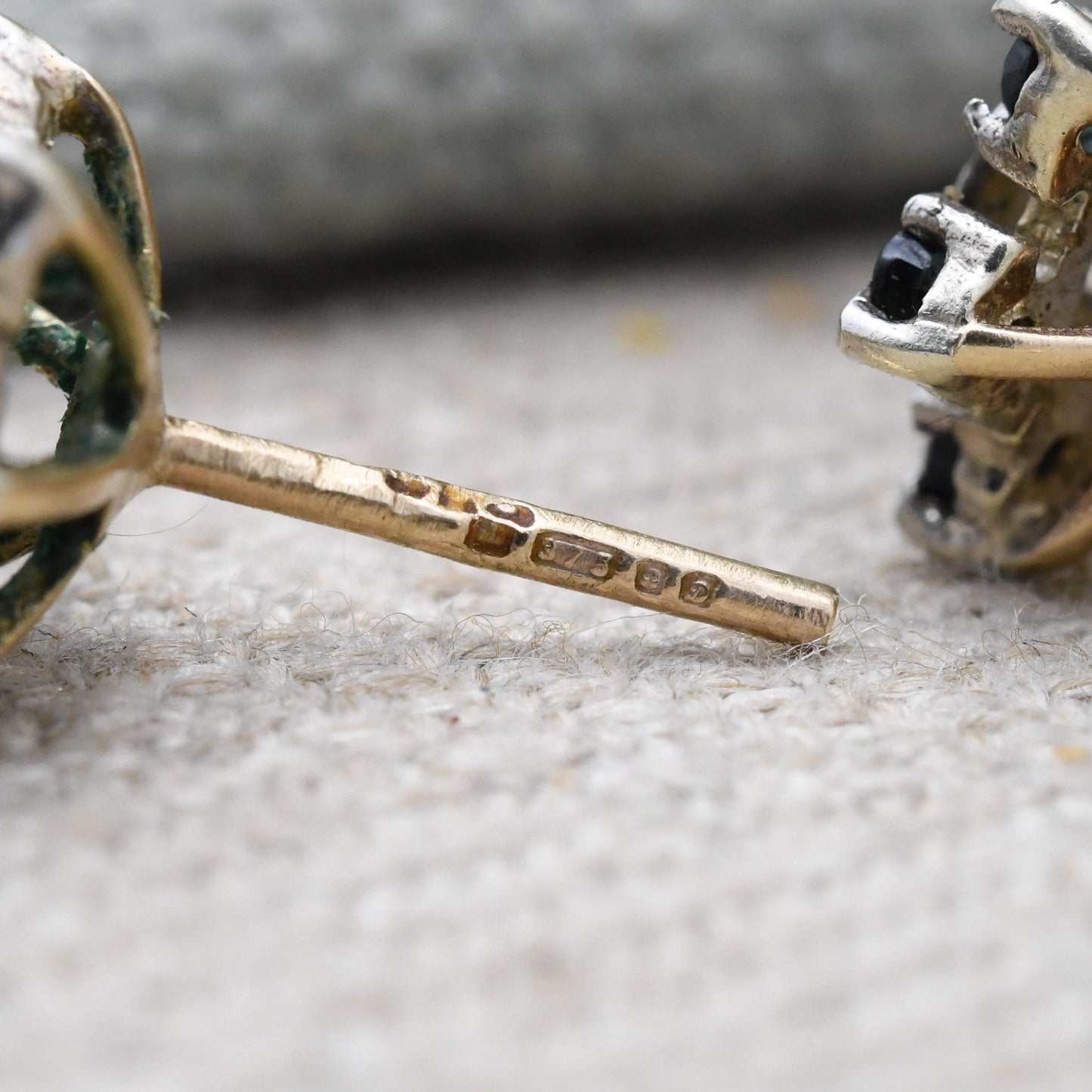 Vintage 9ct Gold Diamond Sapphire Cluster Flower Stud Earrings 1978 - Butterfly Backs | White Gold Front