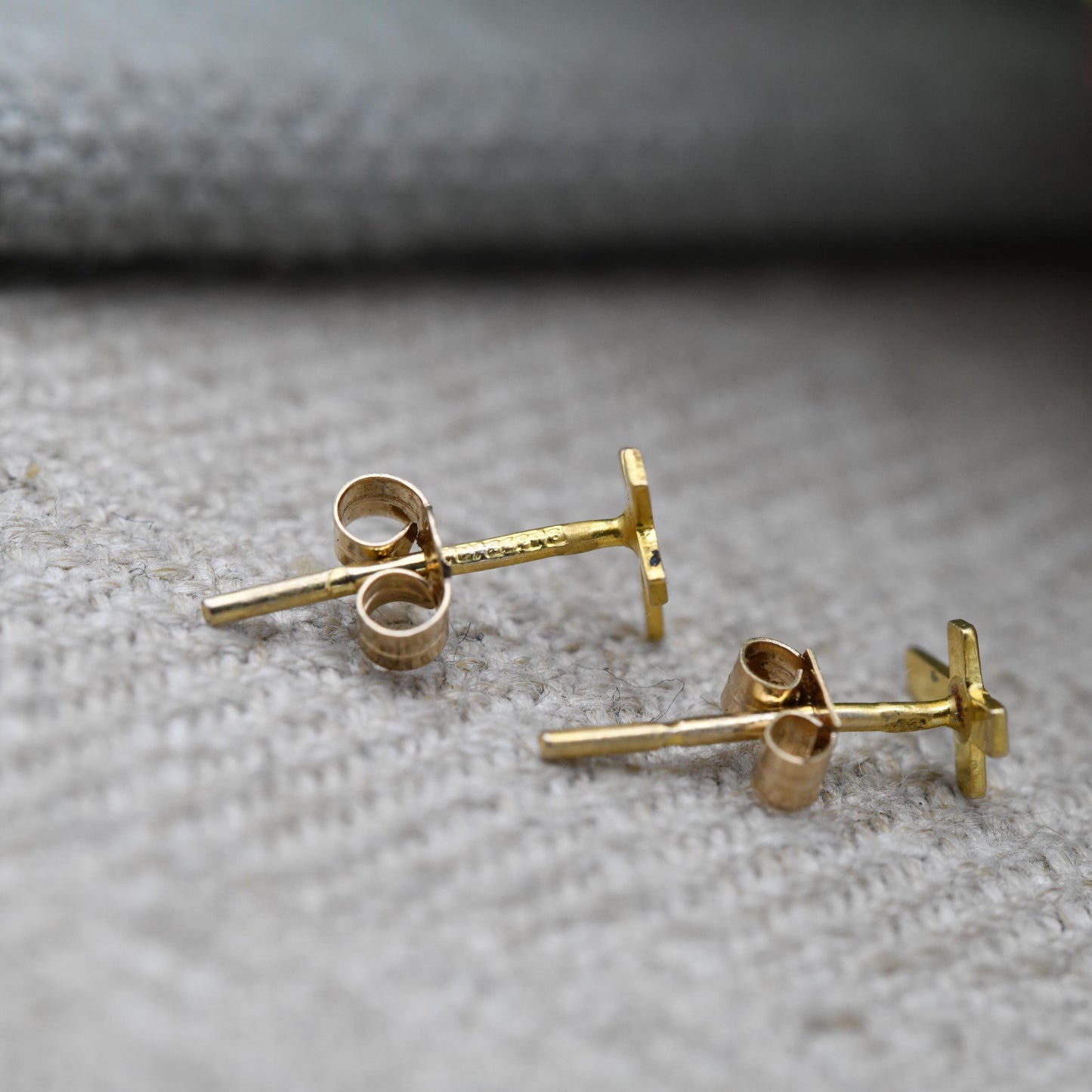 Vintage 9ct Gold Cross Stud Earrings c. 1970s - Butterfly Backs | Minimal Solid Gold | Gift for Her