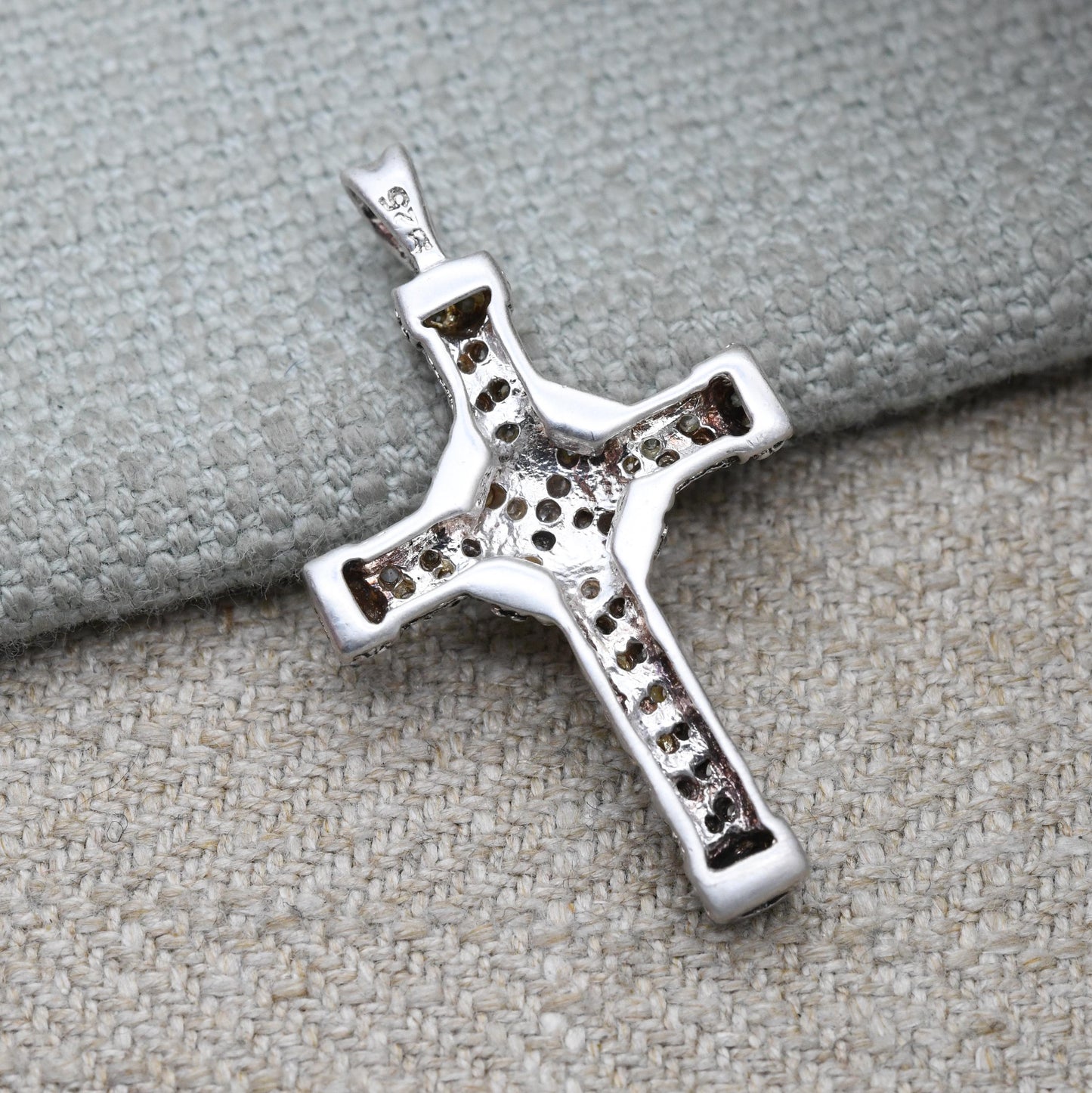 Vintage Sterling Silver and Clear Stone Cross Pendant - Shiny Gemstone Textured Religious Gift | Detailed Cross | Christian Necklace