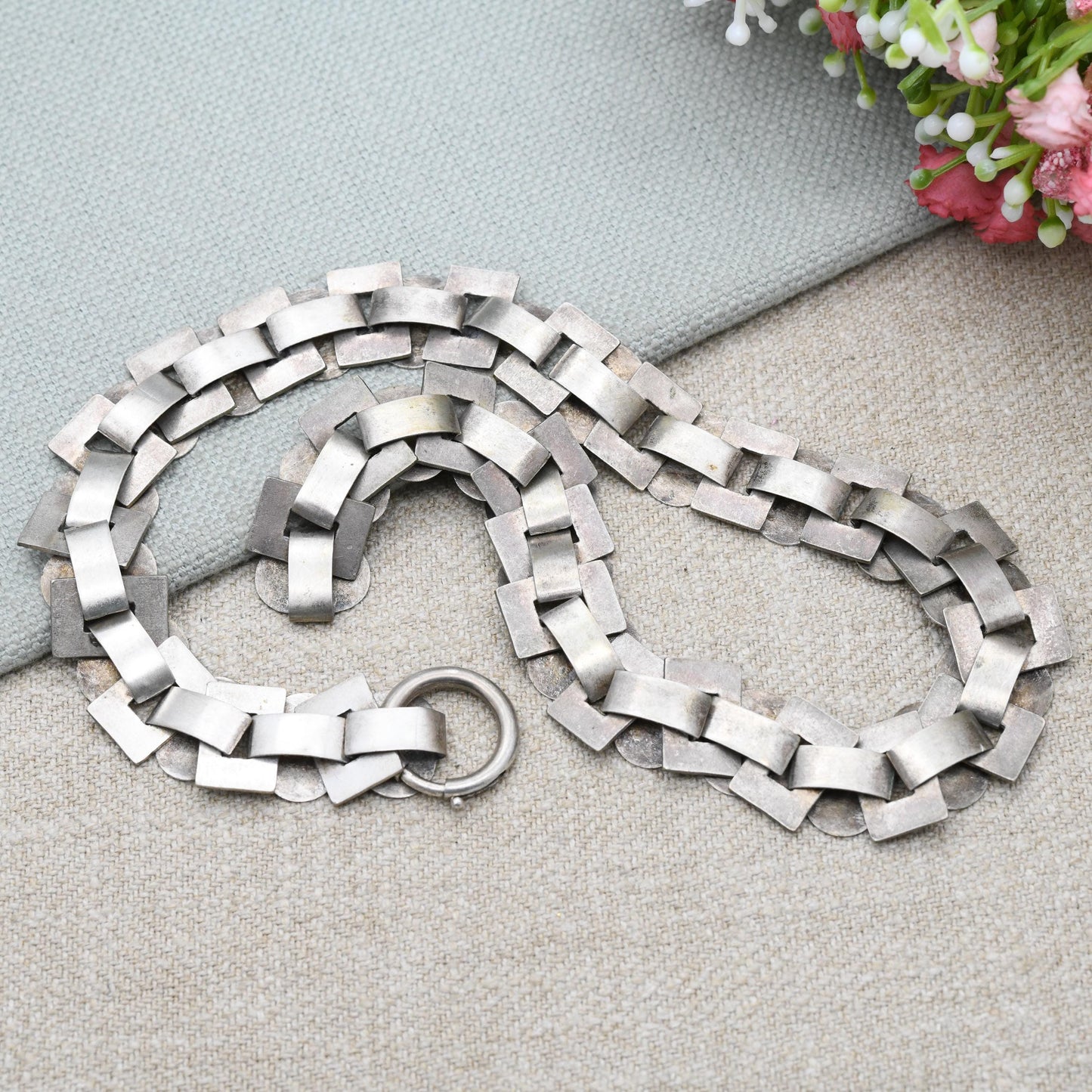Antique Silver Victorian Book Chain Necklace with Bolt Ring Clasp 16" - Engraved Ivy Leaf and Greek Key Pattern