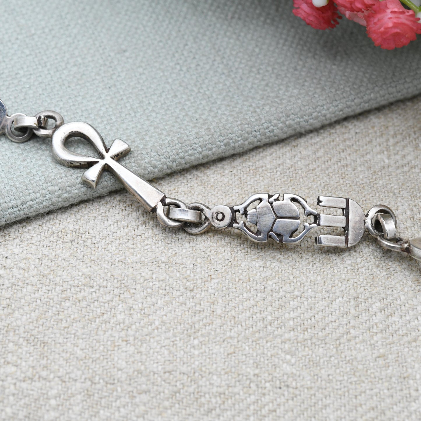 Vintage Egyptian 800 Silver Panel Bracelet - Souvenir Scarab Beetle and Ankh | Box Clasp and Safety Chain