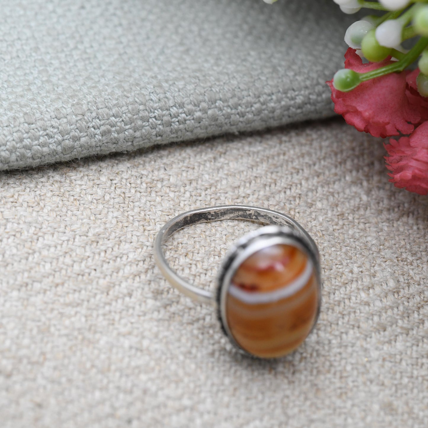Vintage Silver Carnelian Ring - Cabochon Large Orange Gemstone | Pretty Gift for Her | UK Size - N | US Size - 6 3/4