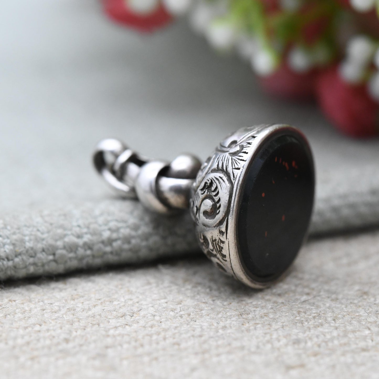Antique Sterling Silver Bloodstone Watch Fob Pendant 1890 - H W Ashford & Co Engraved Scrolling Victorian Jewellery | Gentleman’s Accessory