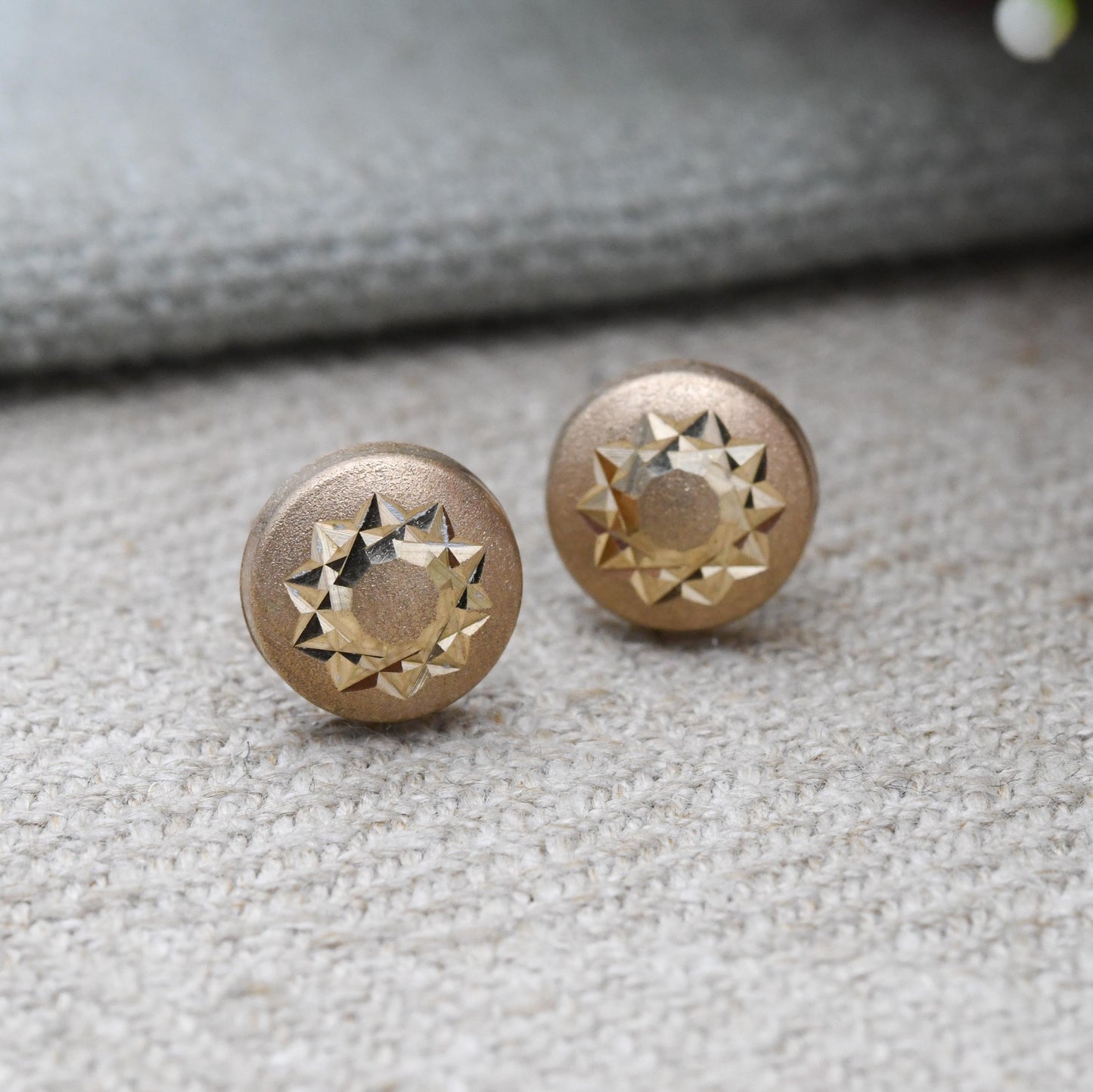Vintage 9ct Gold Star Stud Earrings - Diamond Cut Textured Star Sun Yellow Gold Studs | Delicate Gold Jewellery Gift for Her