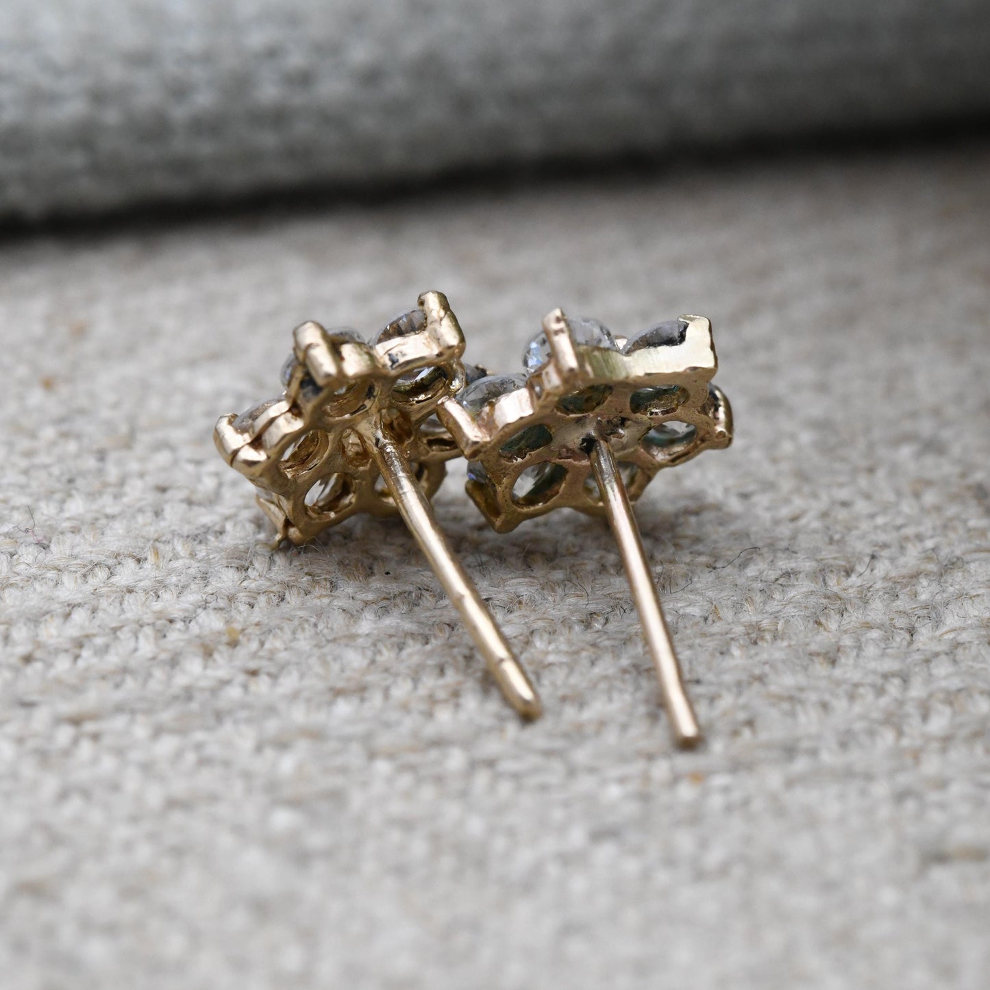 Vintage 9ct Gold CZ Cluster Stud Earrings - Sparkly Clear Stone | Gold Birthday Gift | Butterfly Back | Everyday Stud Earrings