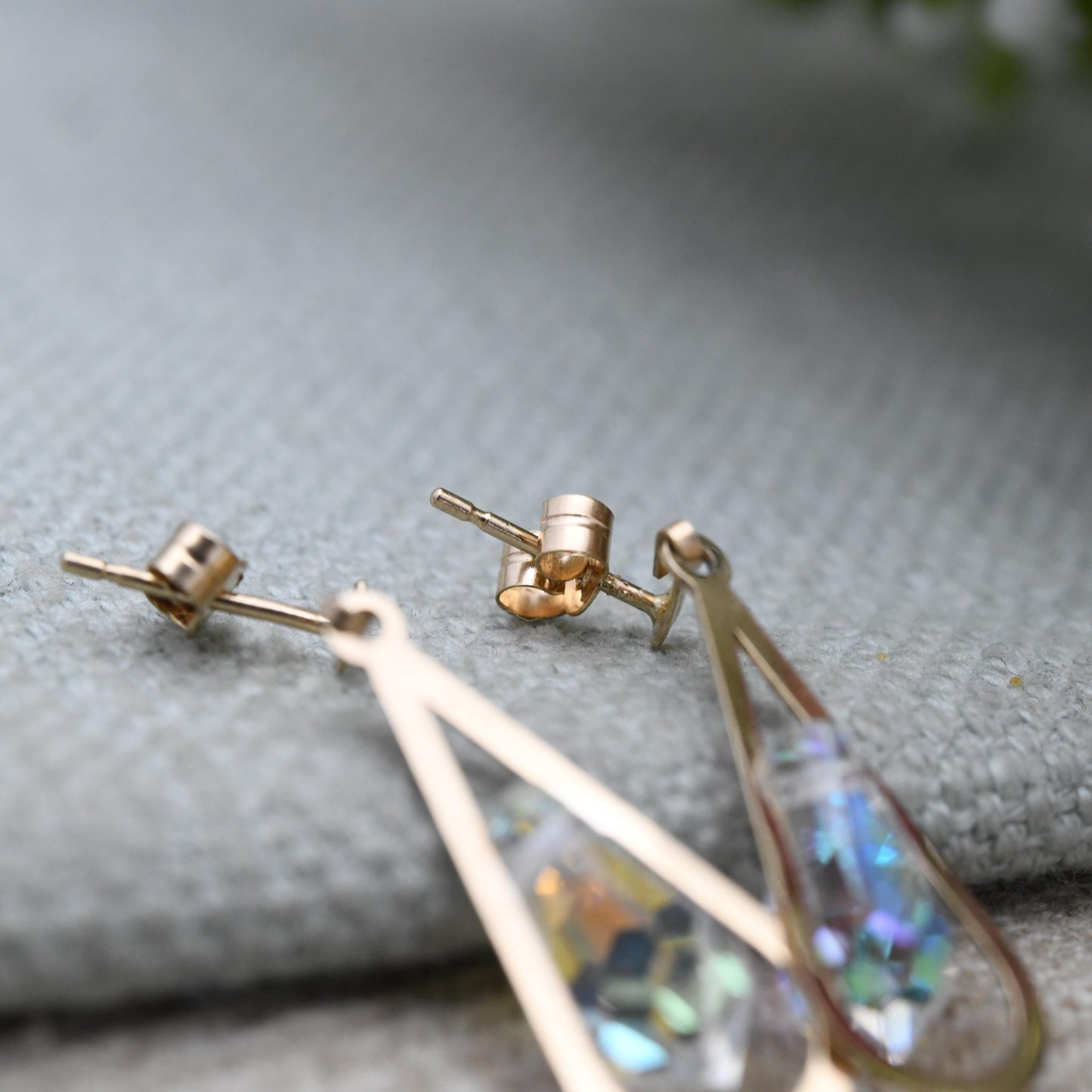 Vintage 9ct Gold AB Glass Drop Earrings - Teardrop Sparkly Large Stone | Gold Butterfly Backs