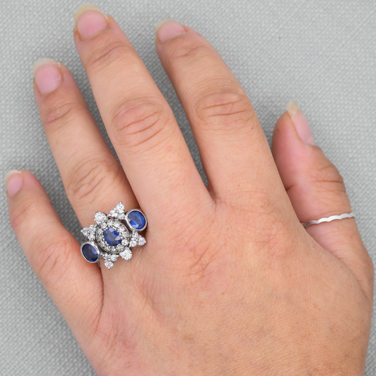 Vintage 18ct Gold Three Stone Sapphire and Diamond Ring 2.4ct - Mid-Century Statement Cocktail Ring Antique Conversion | Size UK N 1/2 US 7