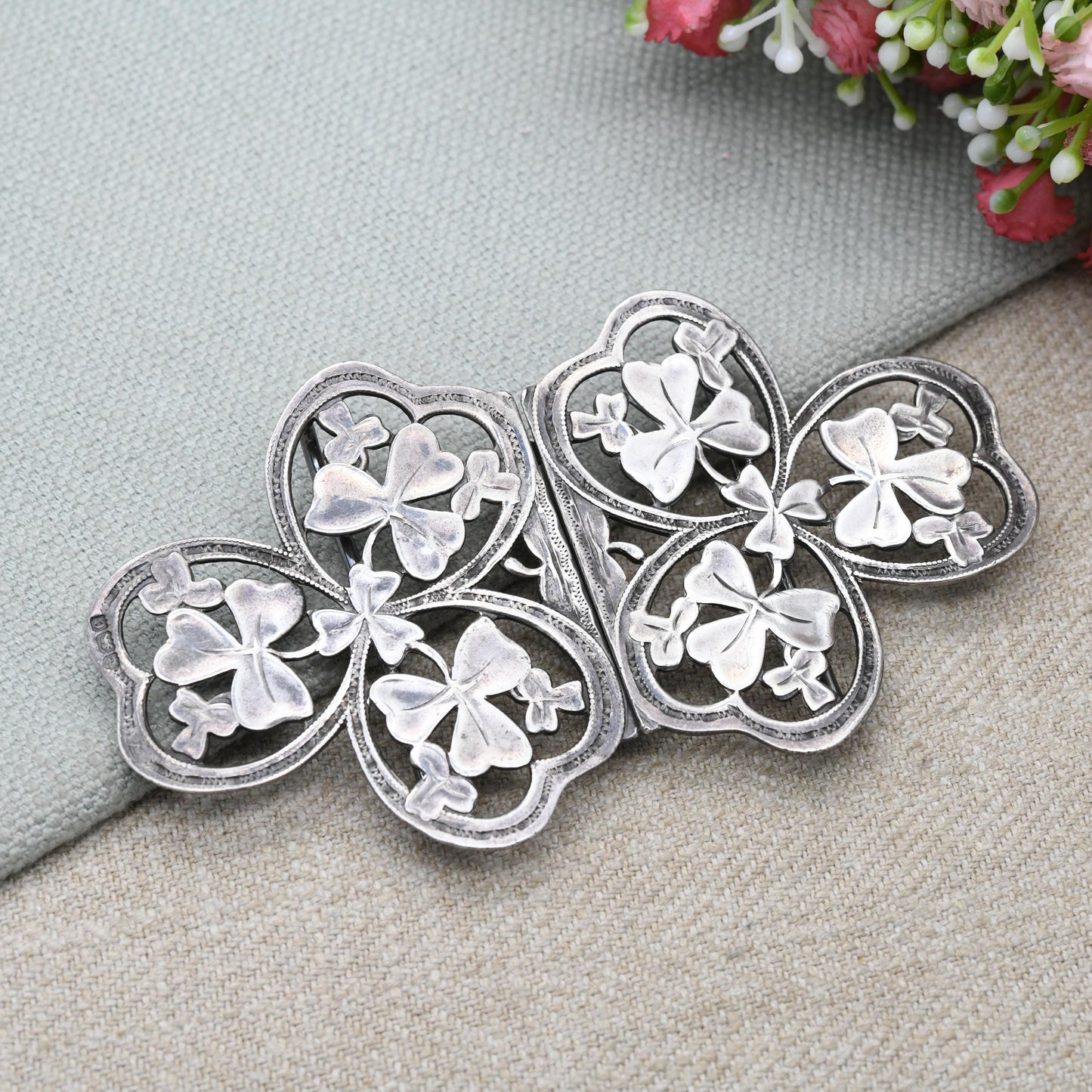 Antique Silver Nurse Belt Buckle with Irish Shamrock Design by Able & Charnell Hallmarked 1902 Edwardian