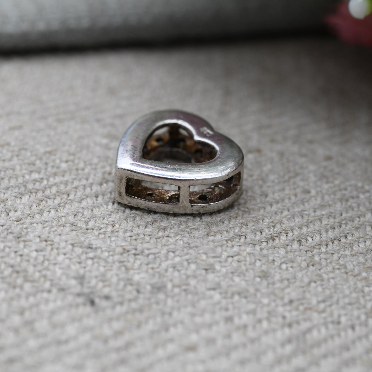 Vintage Sterling Silver and White Stone Heart Charm Pendant - Openwork Love Heart | Romantic Gift for Pendant Necklace Chain
