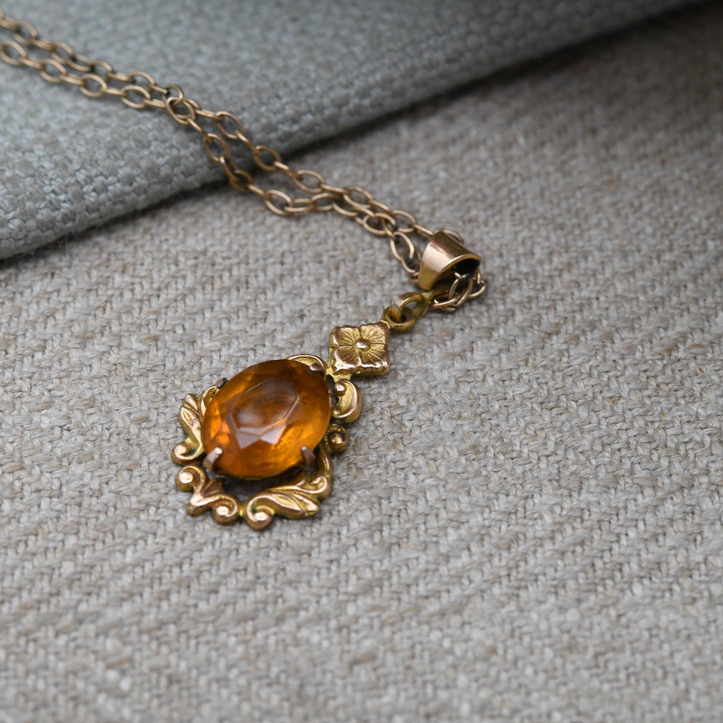 Antique 9ct Gold Lined Floral Pendant Necklace with Faceted Orange Paste Stone c. 1900 Edwardian