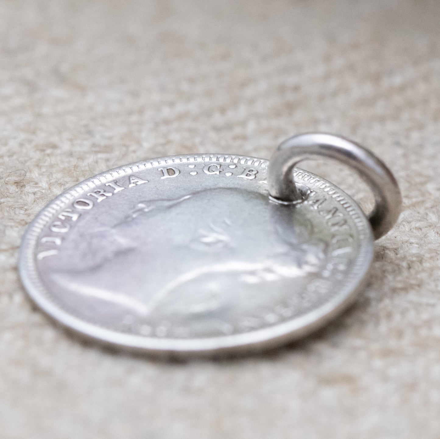 Antique Sterling Silver Victorian Love Token Engraved Threepence Coin Charm Pendant with Monogram