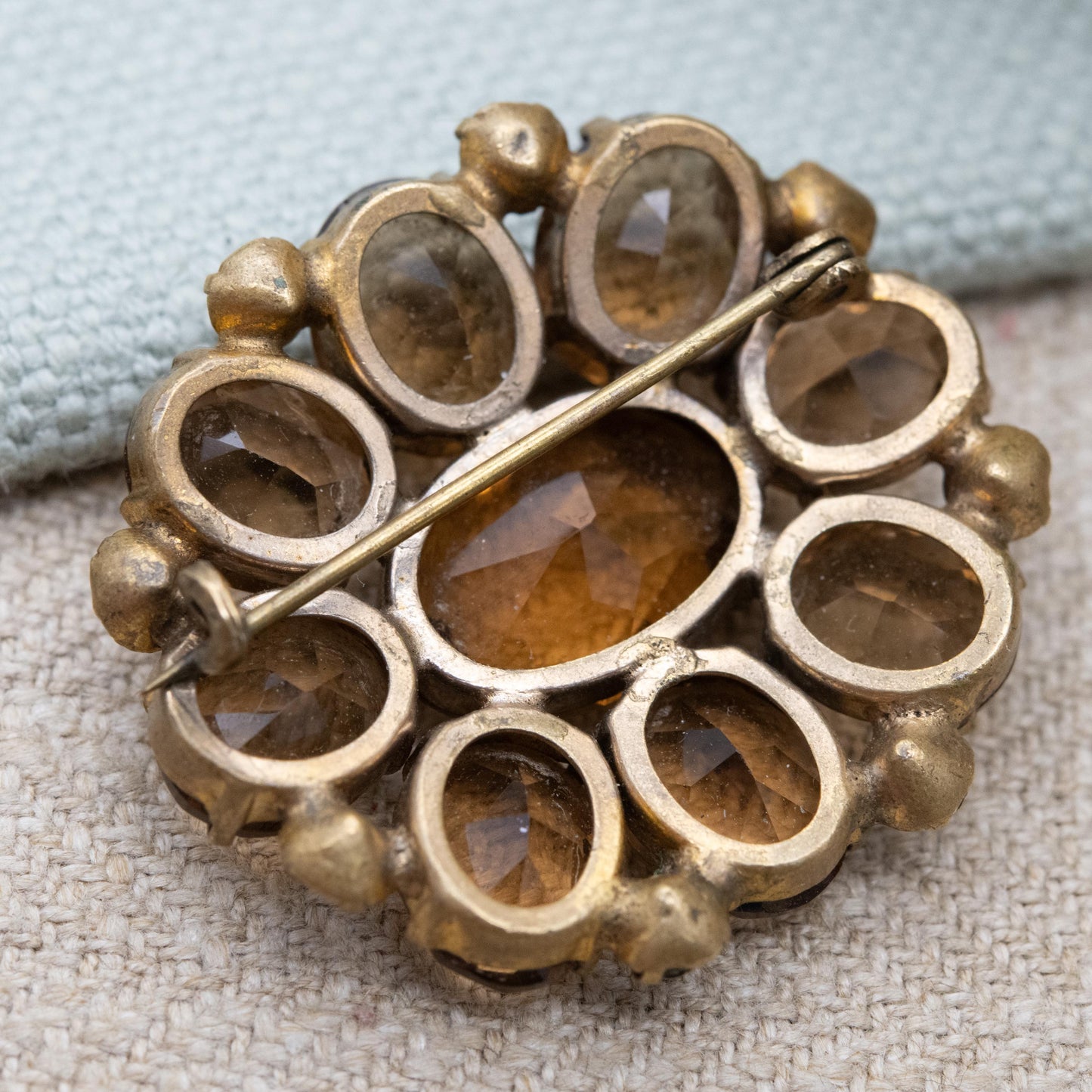 True Vintage Czech Glass Brooch with Large Faceted Brown Crystal Stones c. 1930s