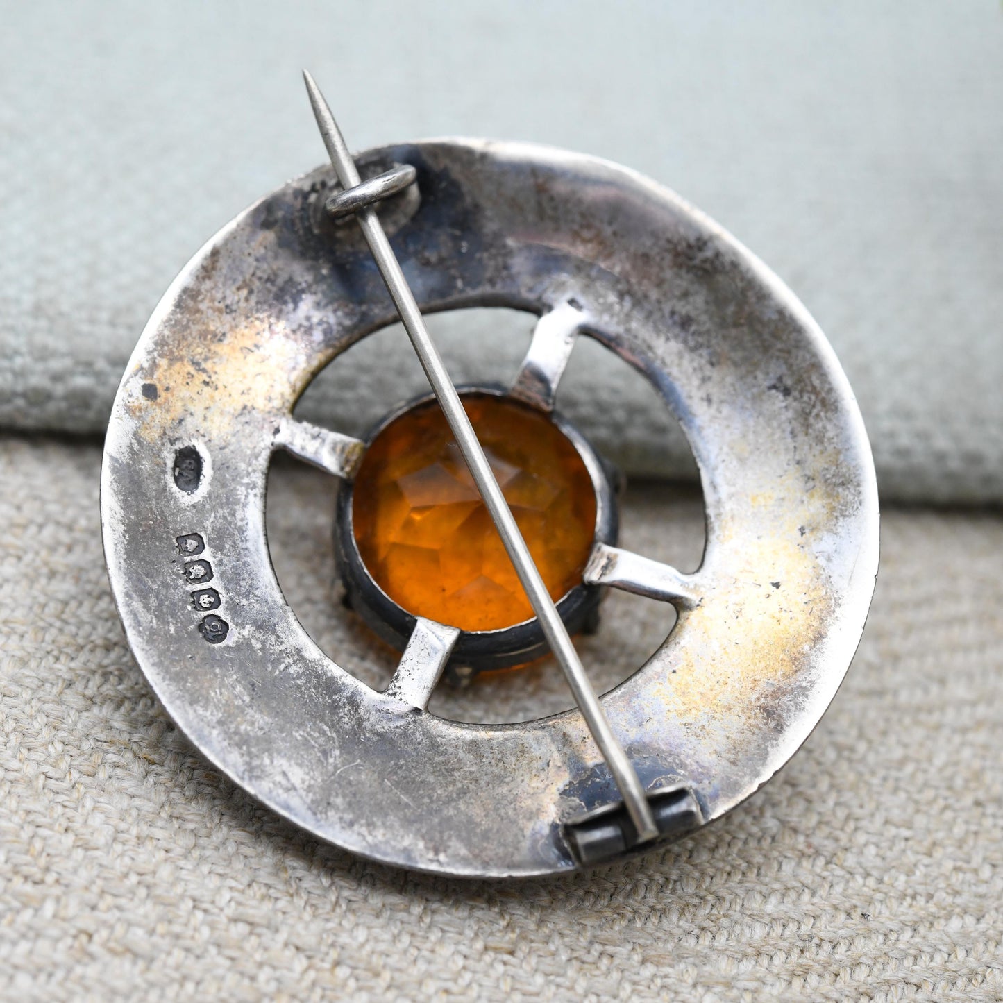 Vintage Scottish Sterling Silver Celtic Brooch with Orange Glass Stone 1949 Glasgow Hallmarks