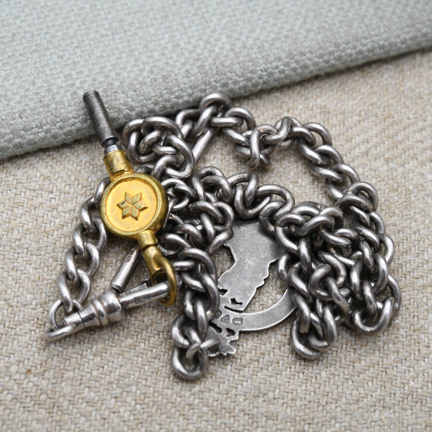 Antique Sterling Silver Albert Chain with Edward VII Coronation Medal by Charles Horner and Vintage T Bar & Dog Clip