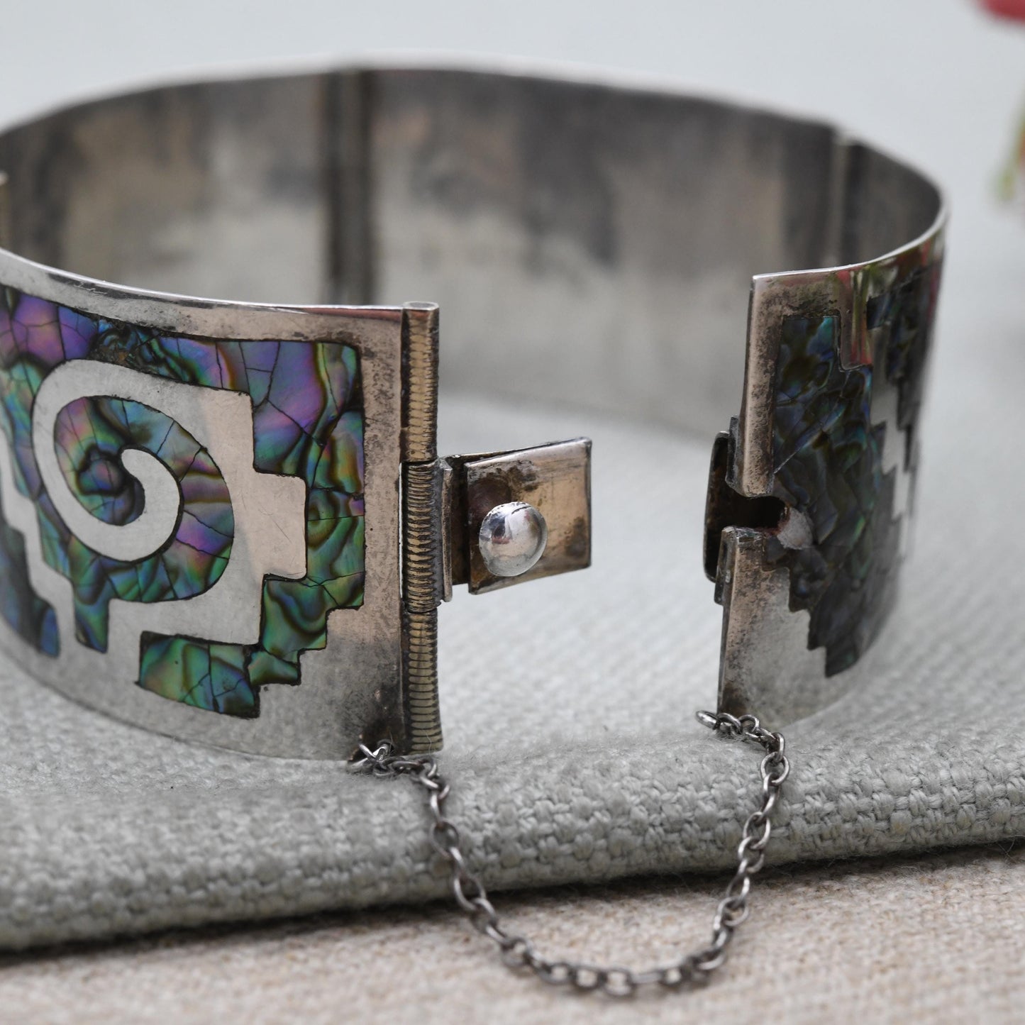 Vintage Mexican Sterling Silver Bangle Panel Bracelet with Abalone Shell Inlay