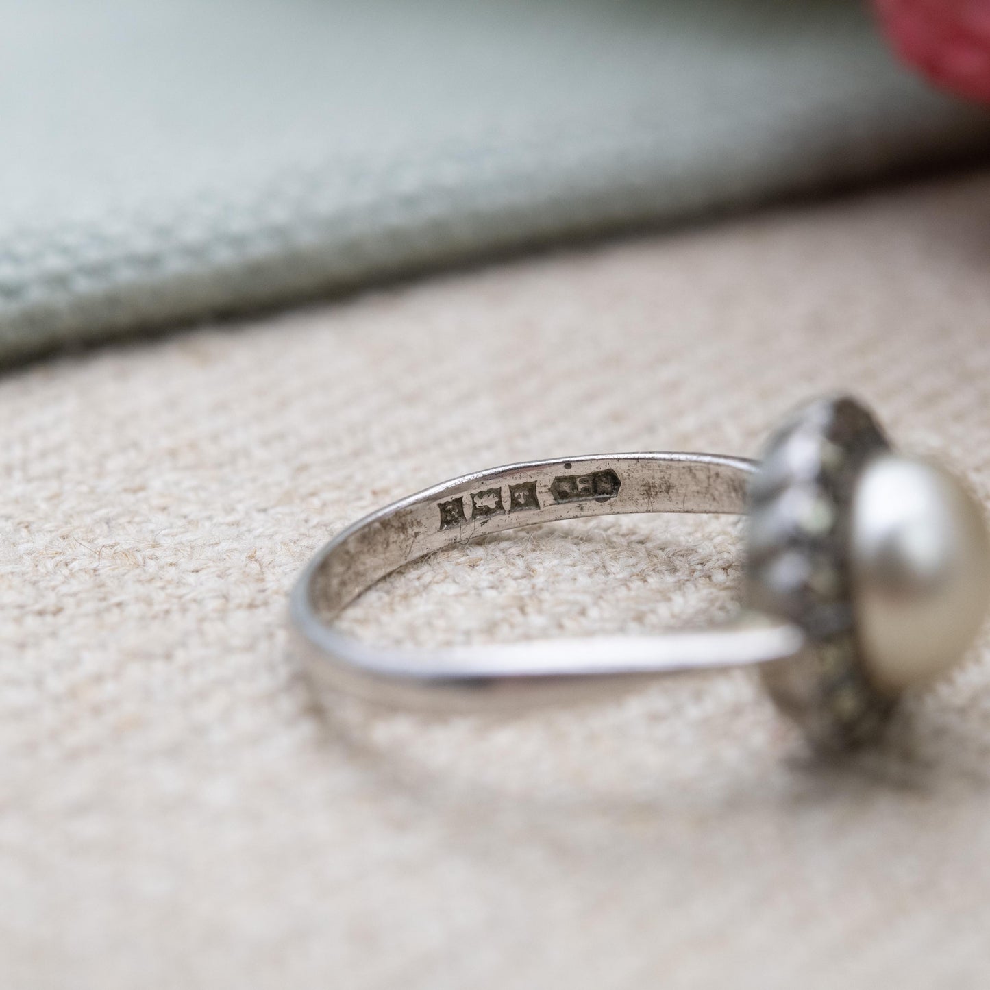 Vintage Silver Faux Pearl Ring with Marcasite Halo Stones 1954 - Art Deco Style Shape | Statement Cocktail | UK Size - L 1/2 | US Size - 6