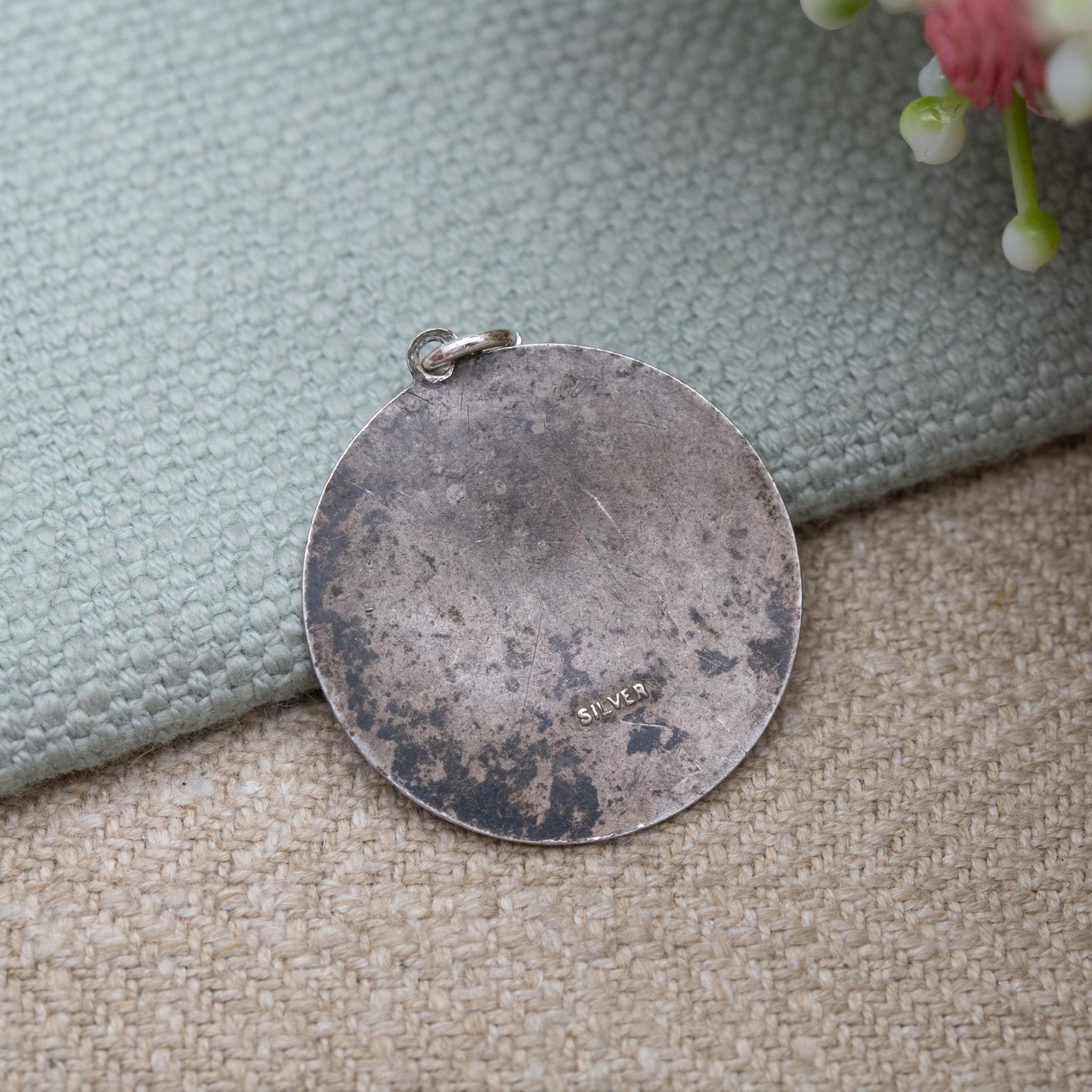 Vintage Sterling Silver St. Christopher Pendant - Embossed Relief | Geometric Circle Border | Saint of Travelling | Gift for Charm Bracelet