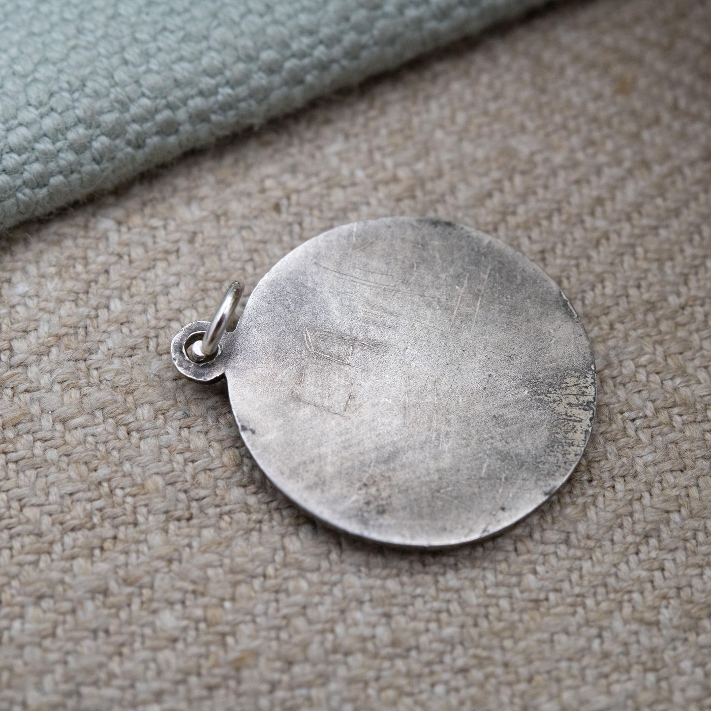 Vintage Sterling Silver St. Christopher Pendant - Embossed Relief Textured Background | Geometric Circle Border | Saint of Travelling