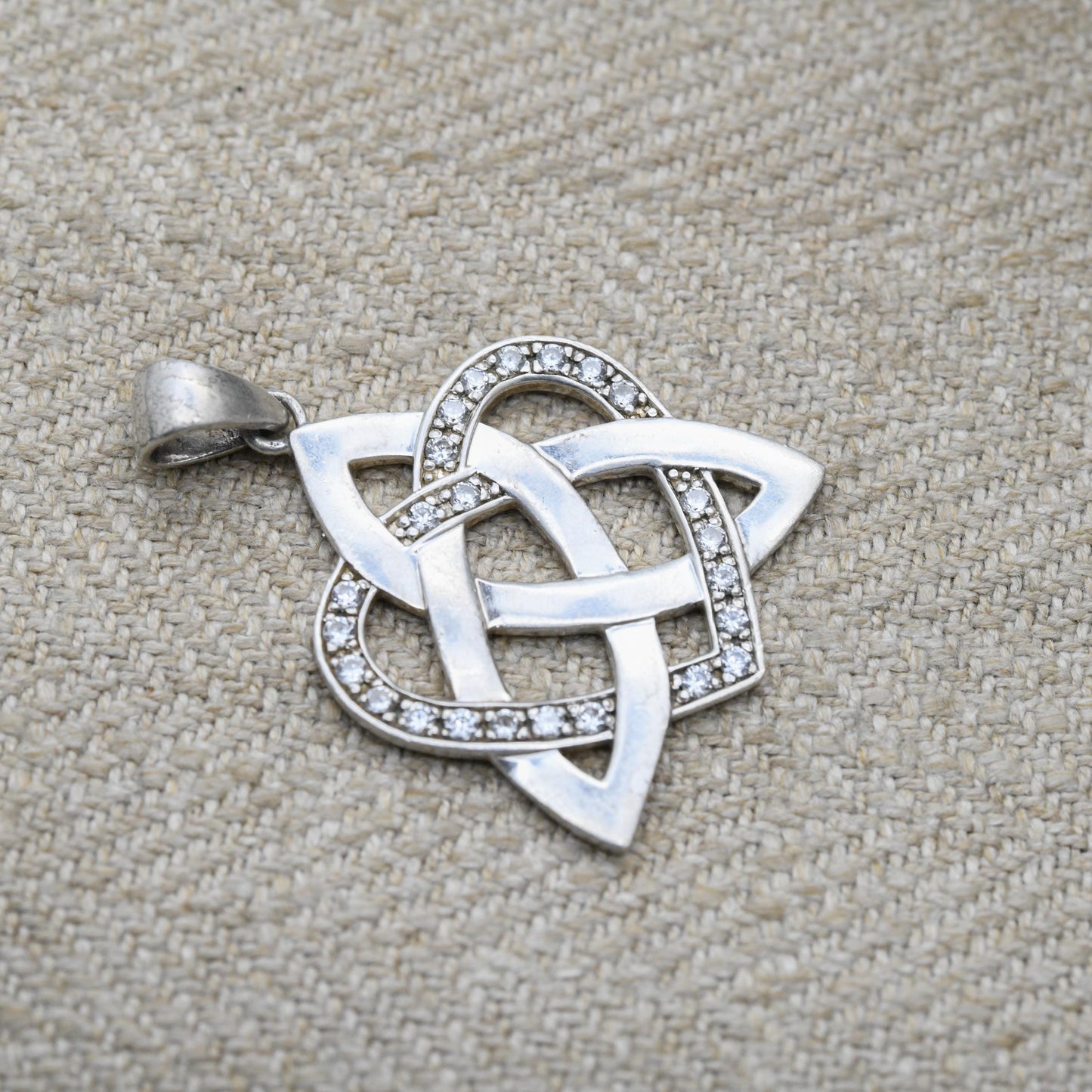 Vintage Sterling Silver Celtic Love Pendant - Clear Stone Love Heart and Triquetra Jewellery | Gift for Charm Bracelet Necklace