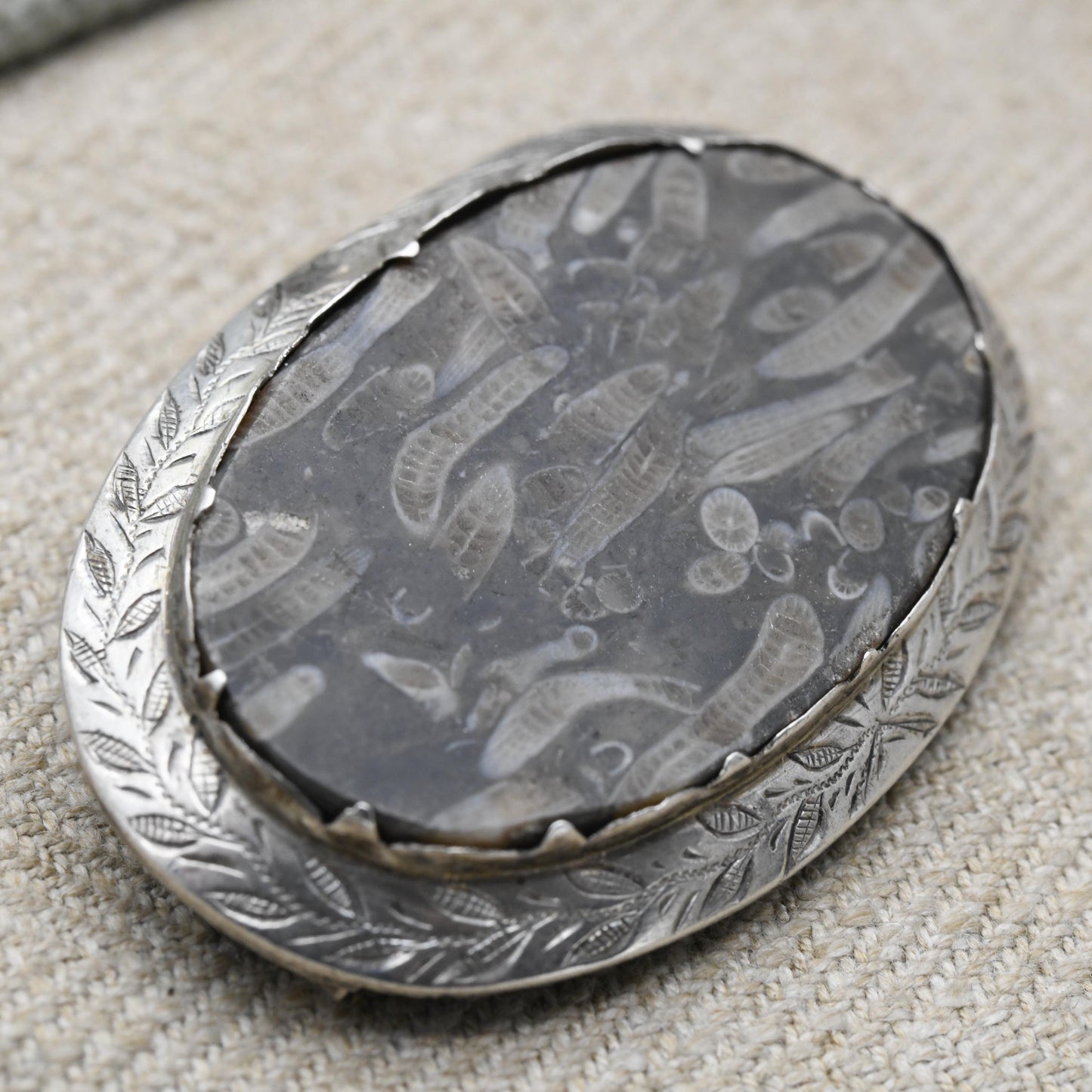 Antique Silver Coral Fossil Brooch Pendant c. 1890's - Siphonodendron Junceum Fossil set into an Engraved Floral Mount | Victorian Fossil