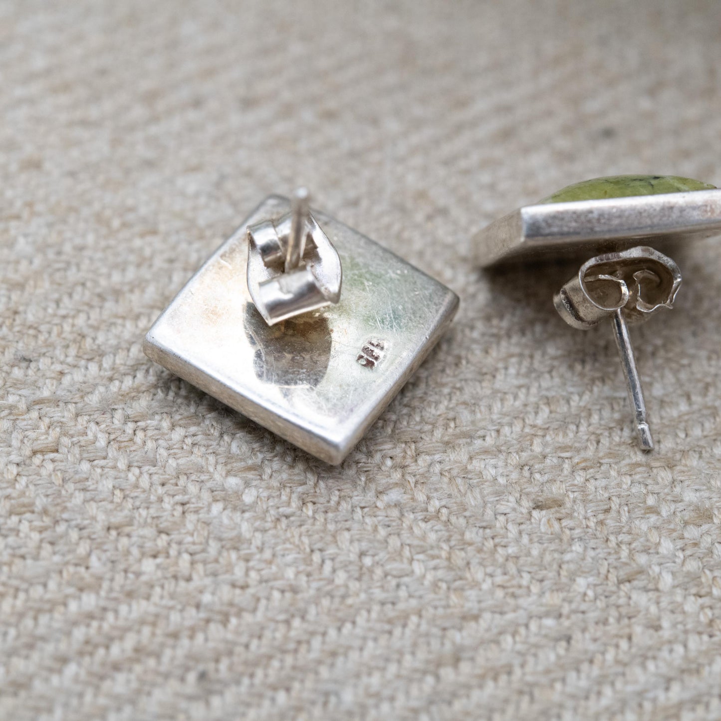 Vintage Square Sterling Silver and Connemara Marble Stud Earrings - Gift for Her | Green Stone Stud Earrings | Irish Green Stud Earrings