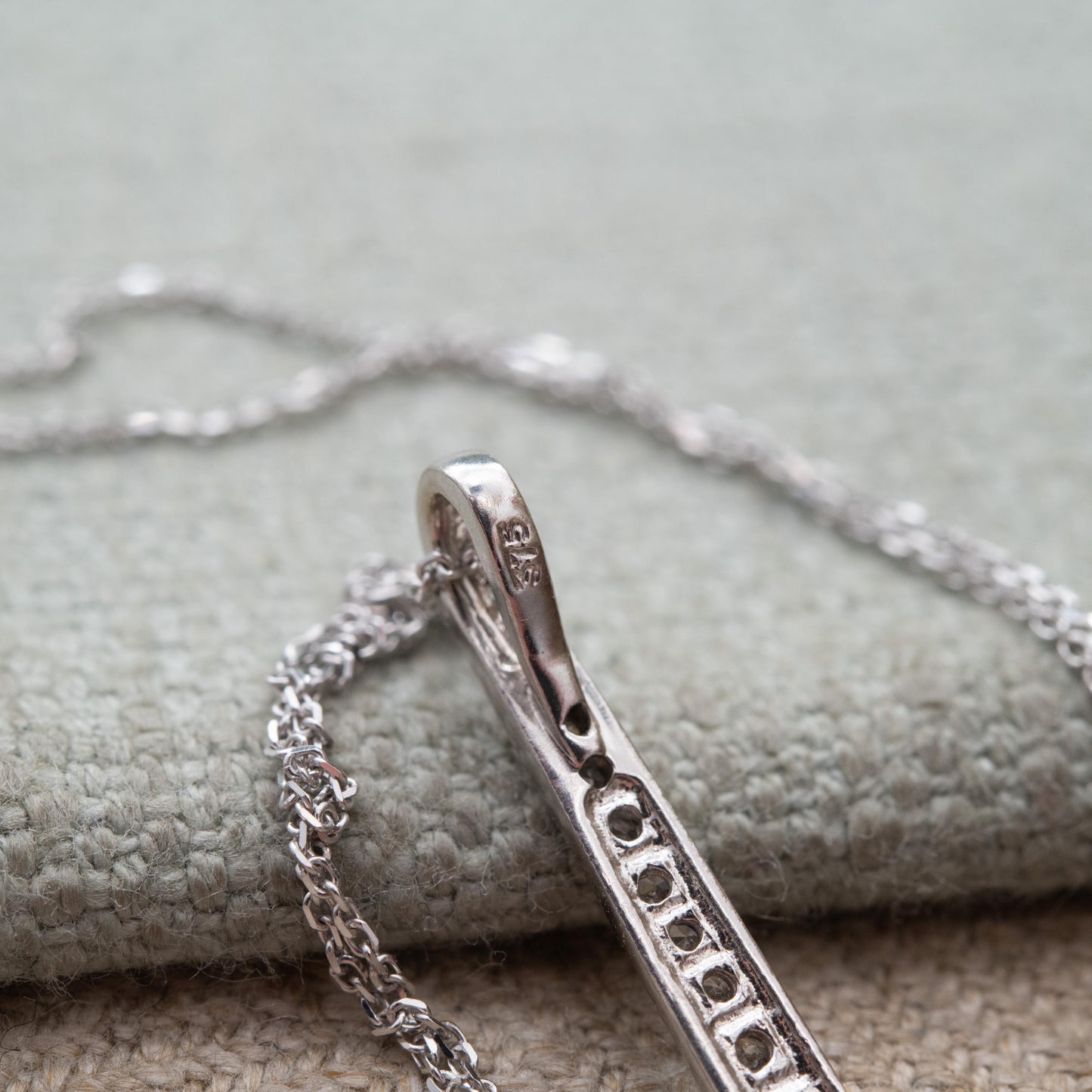 9ct White Gold Pendant Necklace with Graduated Stones - Solid Gold Minimalist Gift for Her | Bar Shape Pave Set Charm on 18" Trace Chain