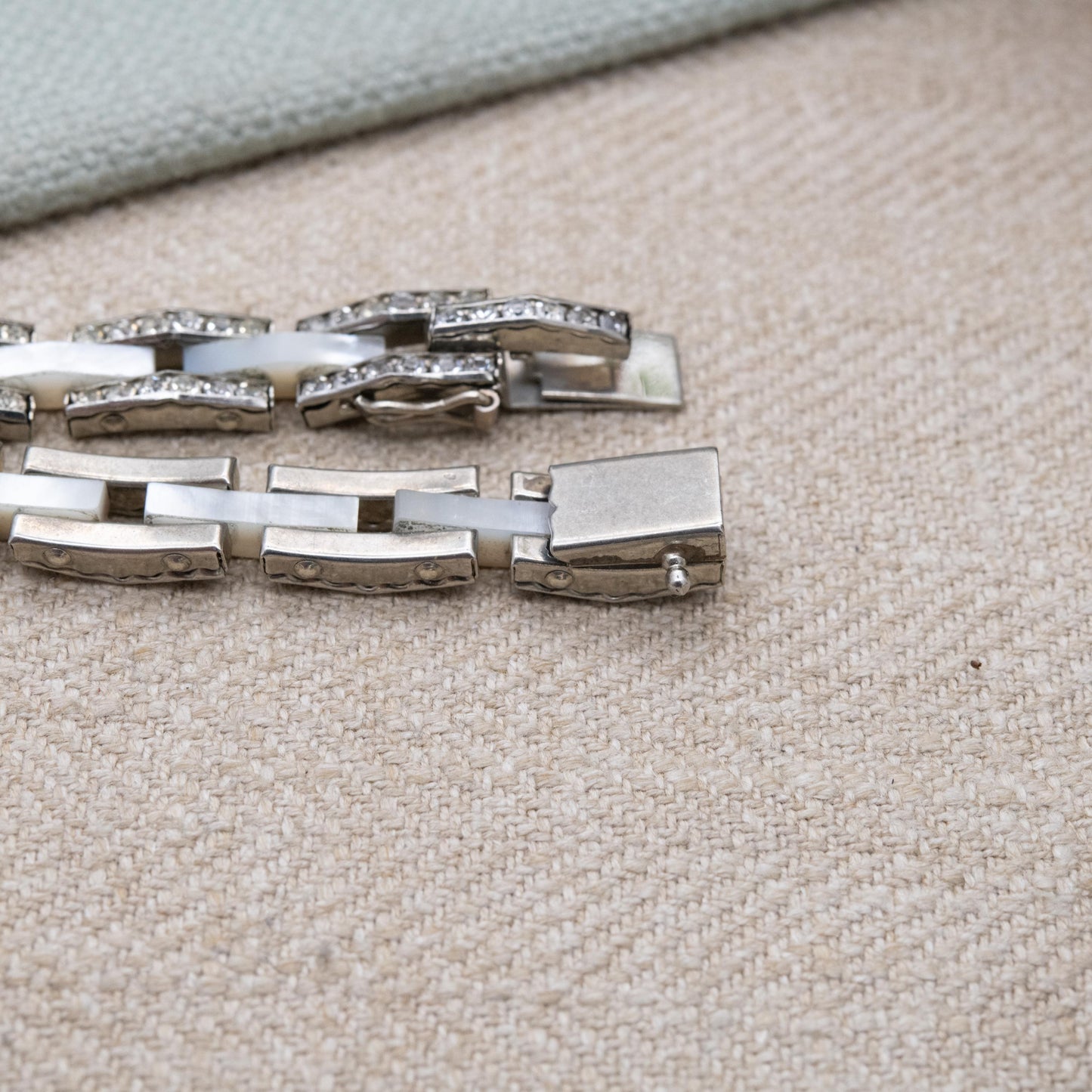 Vintage Mother of Pearl and Rhinestone Panel Bracelet with Hidden Clasp c. 1960s