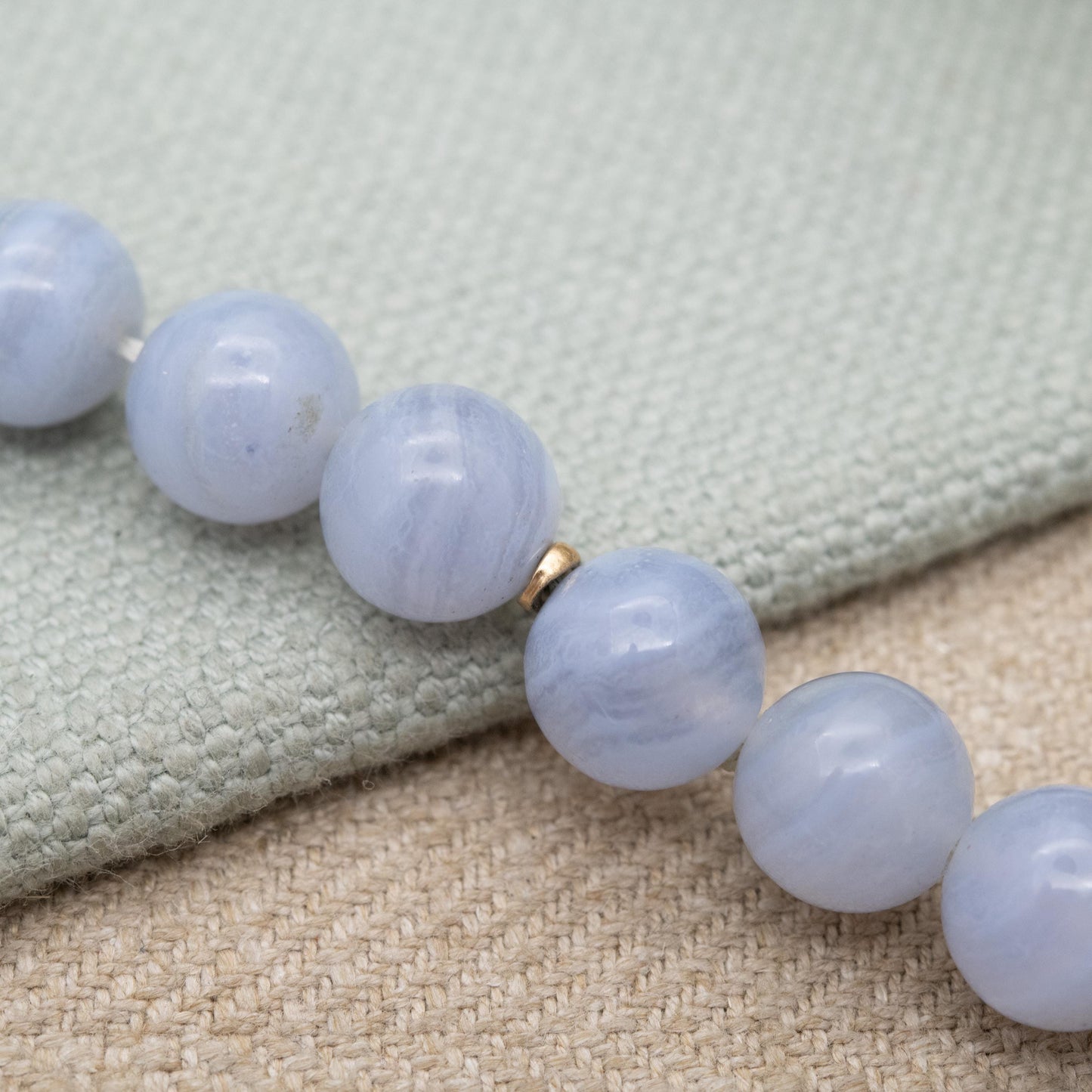 Vintage Blue Lace Agate Bead Necklace with Gold Spacers - 10mm Beads | Long Length 26"