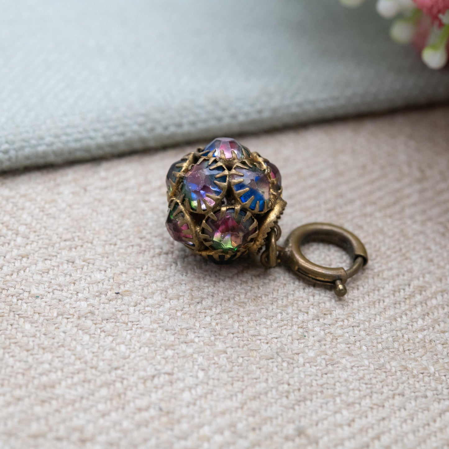 Vintage Czech Iris Glass Ball Charm c. 1930s with Spring Ring Clasp
