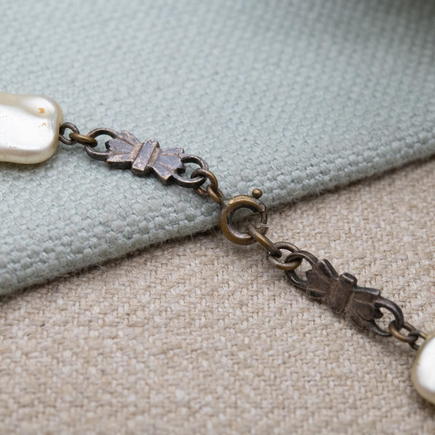 Vintage Silver Faux Pearl Necklace with Bow Spacers c. 1930s - Large Graduating Keshi Baroque Pearl Style Beads