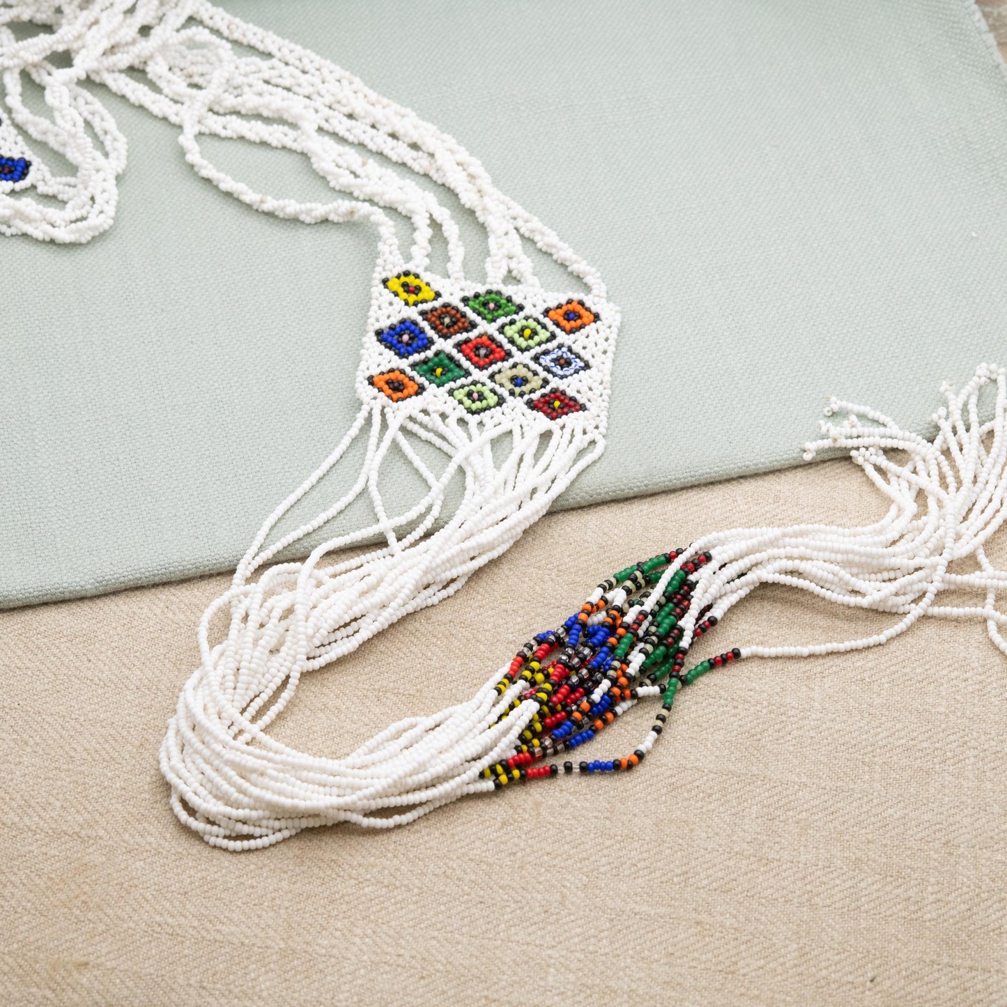 Vintage Glass Seed Bead Necklace with Long Tassel Drop - White and Colourful Beads