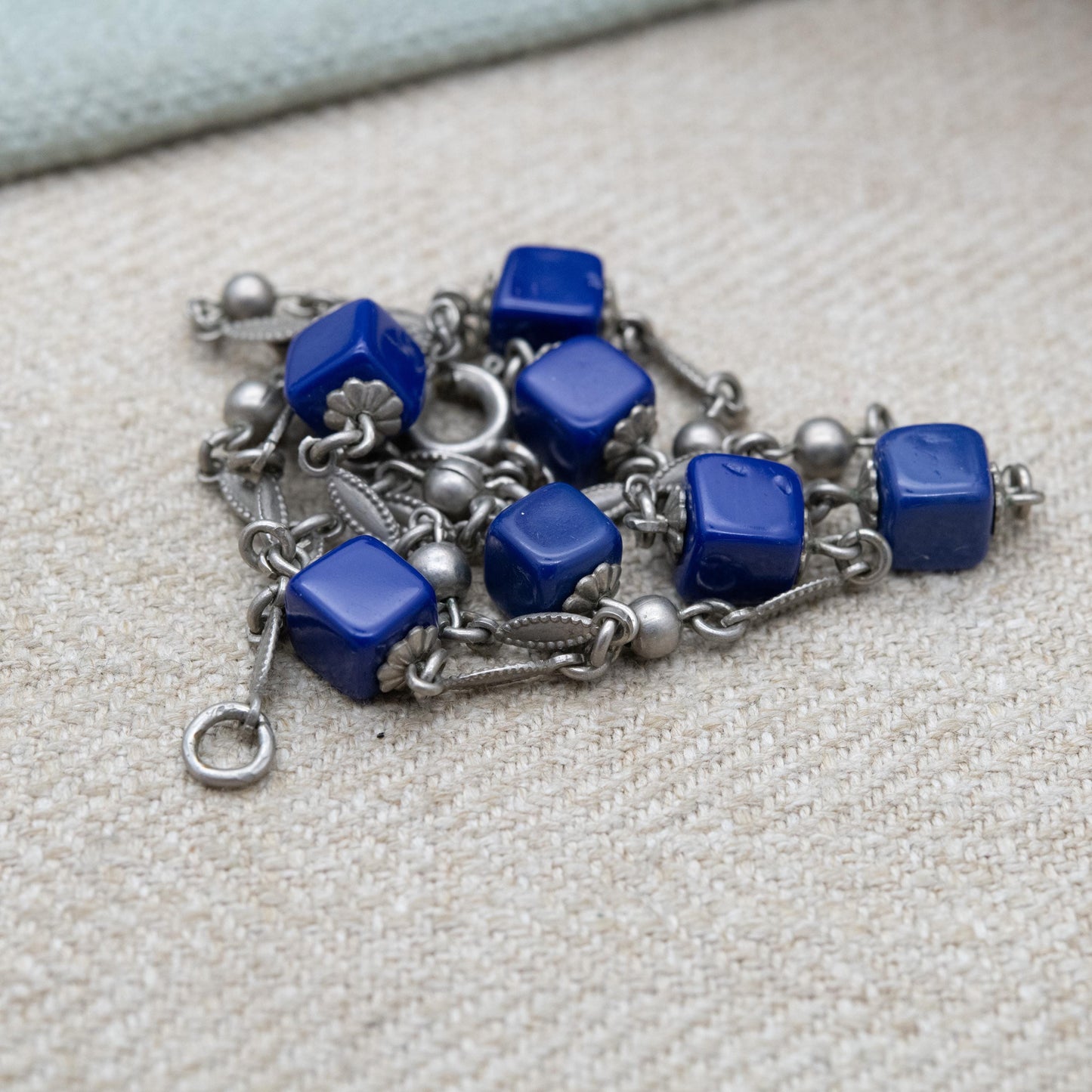 Vintage Art Deco Czech Blue Glass Necklace with Cube Beads c. 1930s - Choker Length 16"