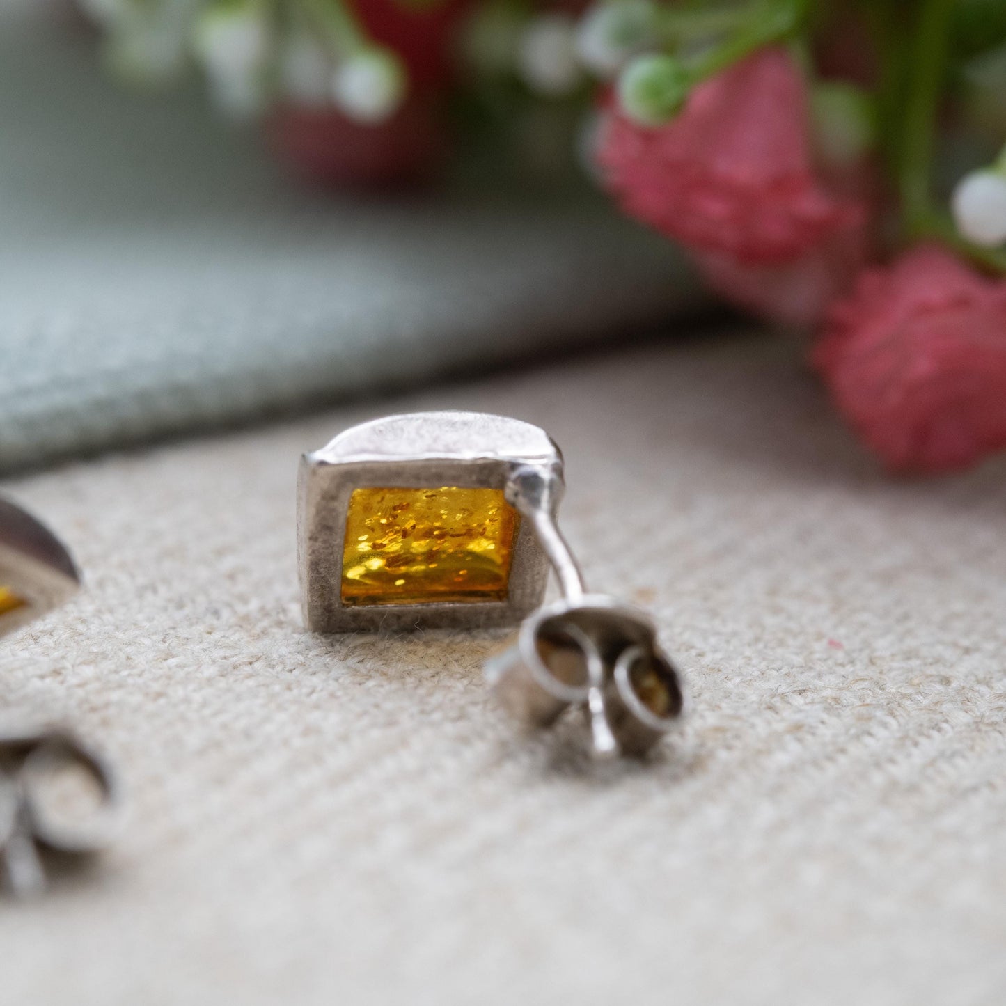 Vintage Sterling Silver Amber Stud Earrings - Cute Square Orange Gemstone Studs | Pretty Gift for Her | Butterfly Backs