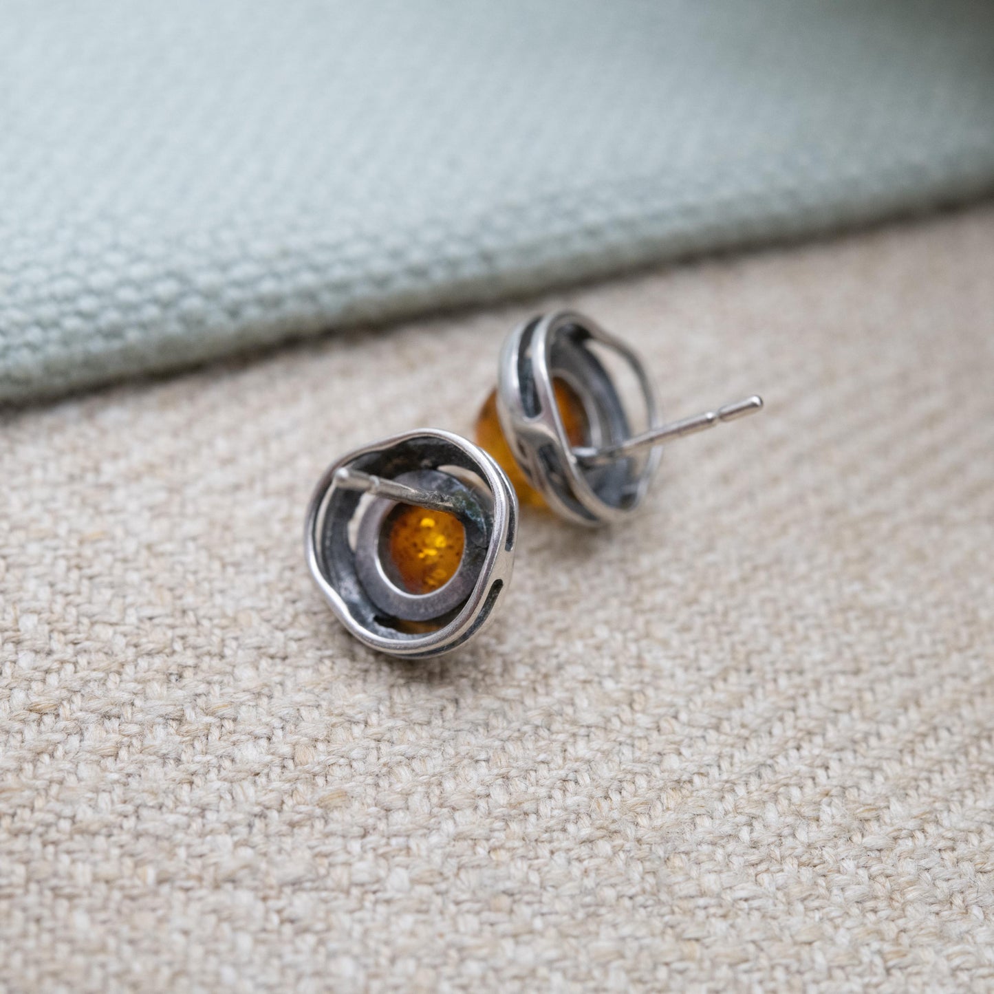 Vintage Sterling Silver and Amber Earrings - Orange Gemstone with a Twisted Setting | Baltic Amber | Minimalist Earrings | Gift for Her