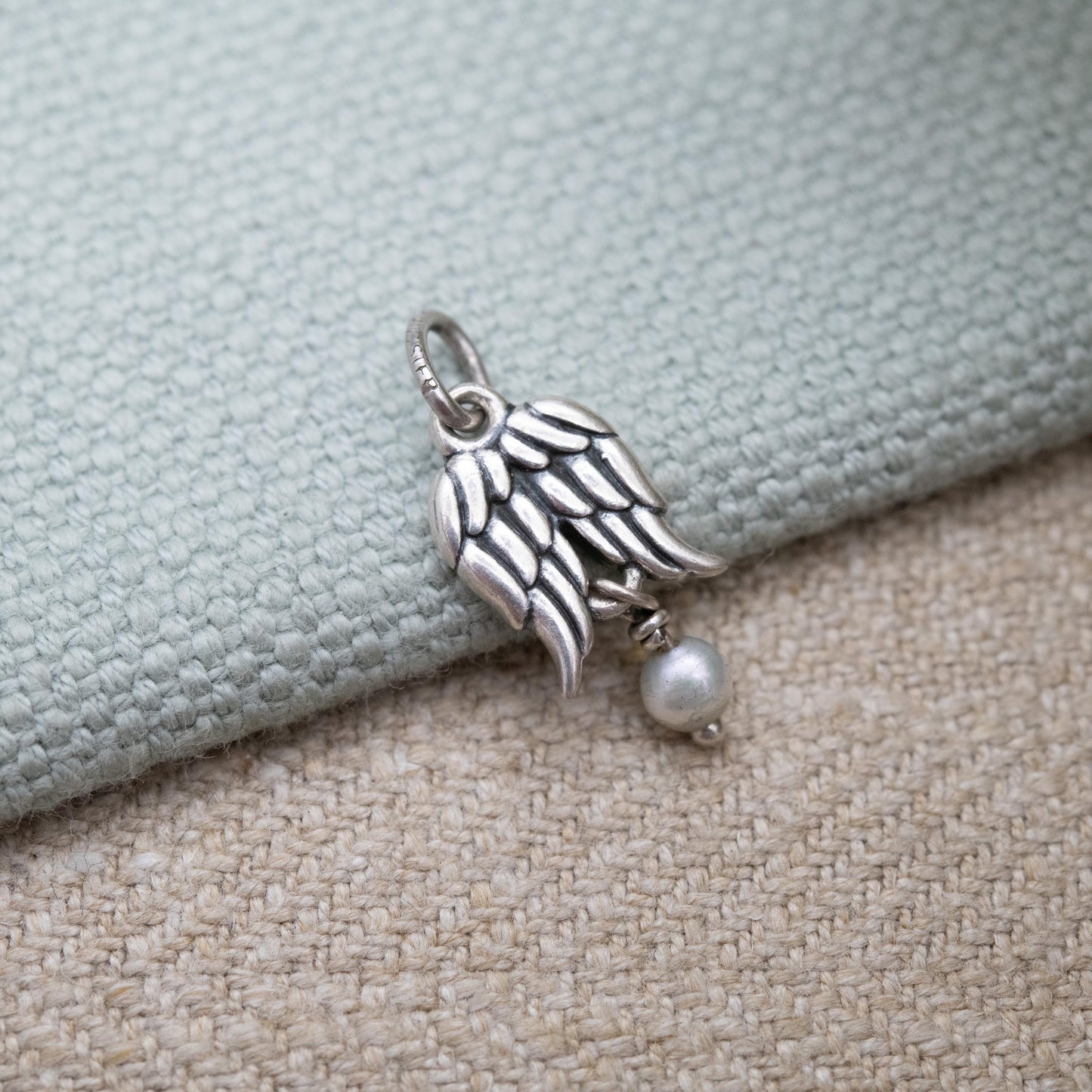 Vintage Sterling Silver Angel Wings Charm Pendant - Lovely Pearl Drop | Gift for Charm Bracelet