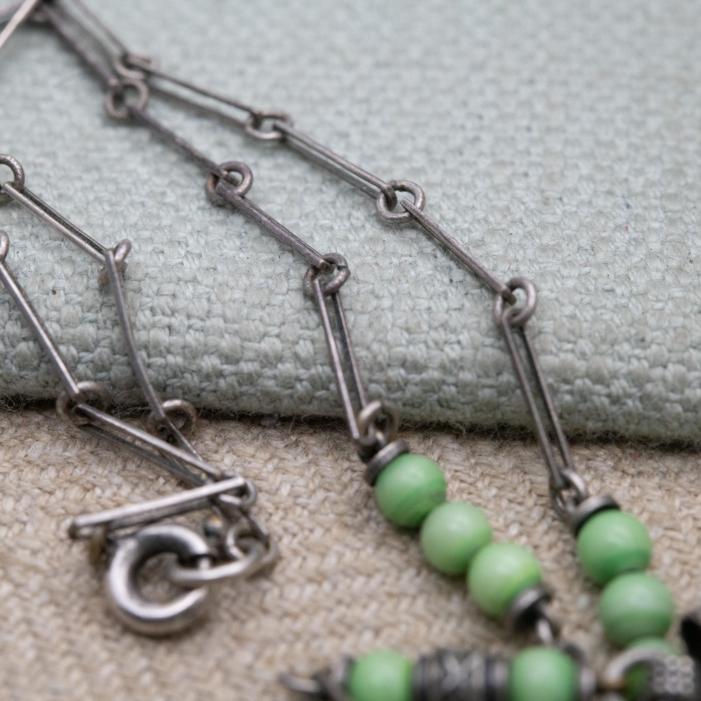 Antique Louis Rousselet Green Peking Glass Drop Necklace c. 1930s Art Deco Era