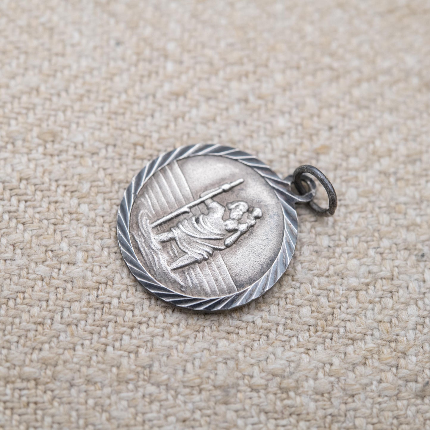 Vintage Sterling Silver St. Christopher Pendant - Embossed Relief and Textured Landscape | Saint of Travelling | Gift for Charm Bracelet