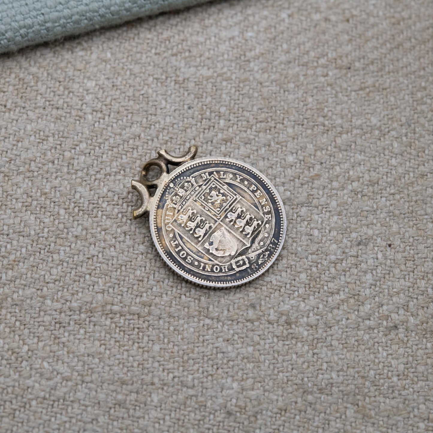 Antique 1887 Victoria Shilling Coin Charm Pendant - Openwork Scrolling Mount | Collectable Pendant